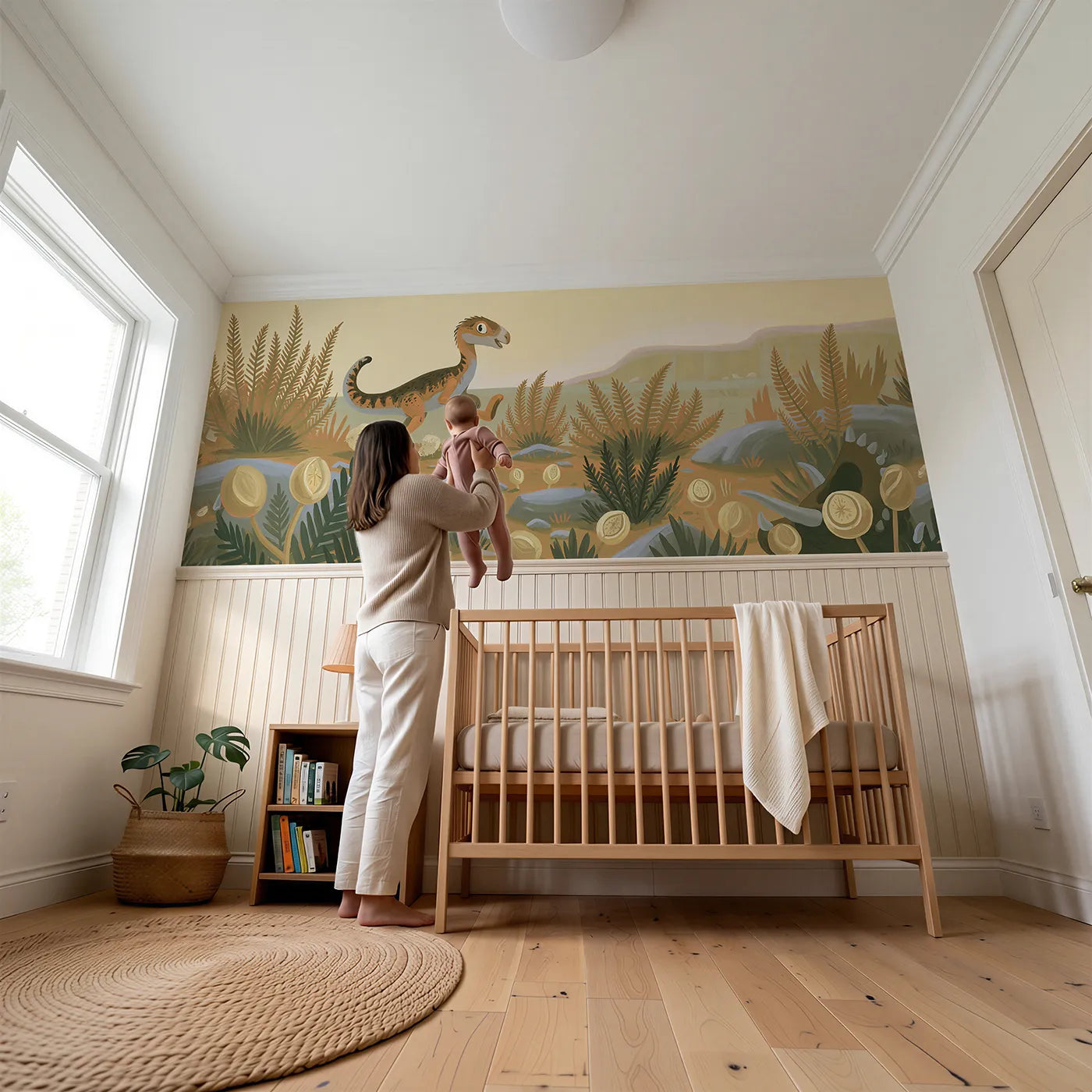 Child reading near Painted Baby Dino First Stomp Wainscoting Wallpaper by Whimsy Tots