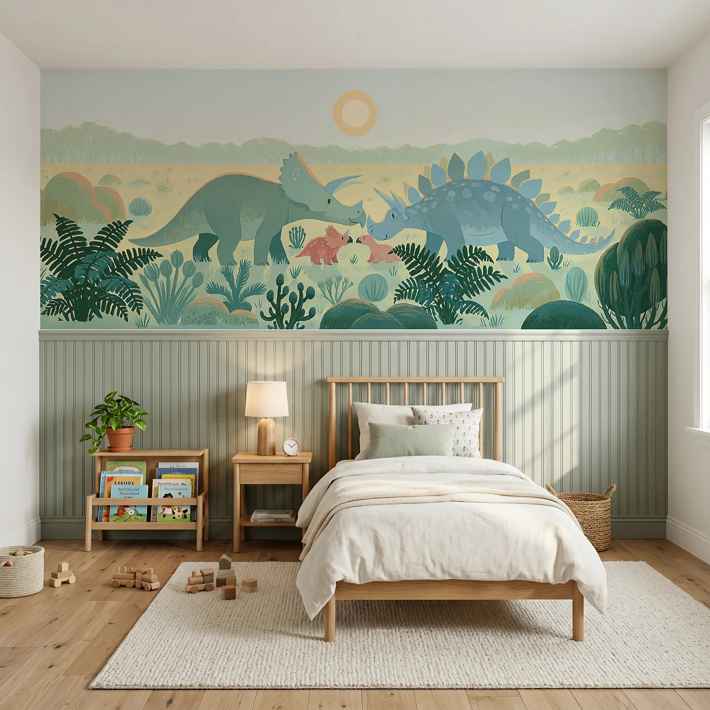 Modern illustration wainscoting wallpaper of three dinos greeting at sunrise by Whimsy Tots