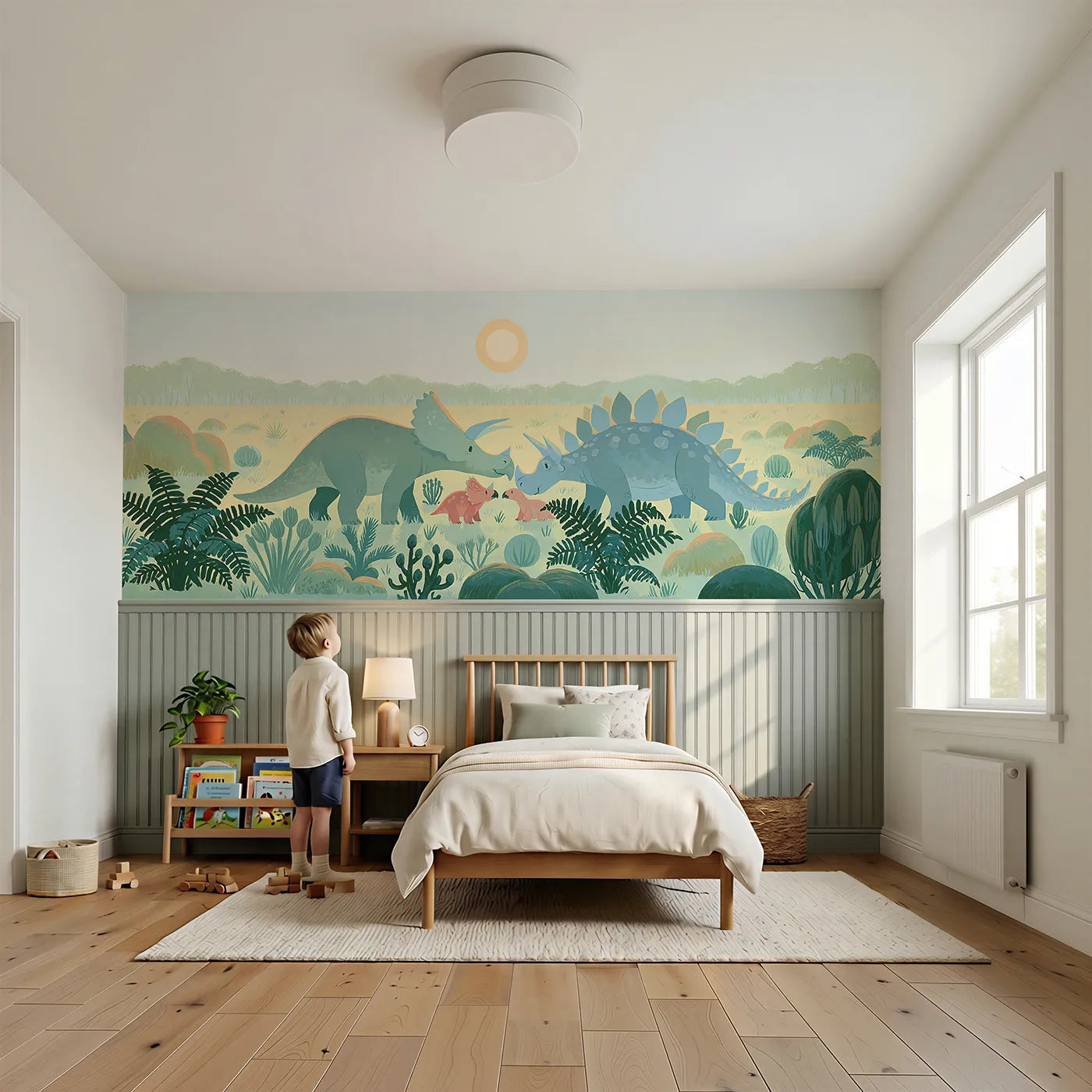 Child reading near Painted Dino Morning Meet Wainscoting Wallpaper by Whimsy Tots