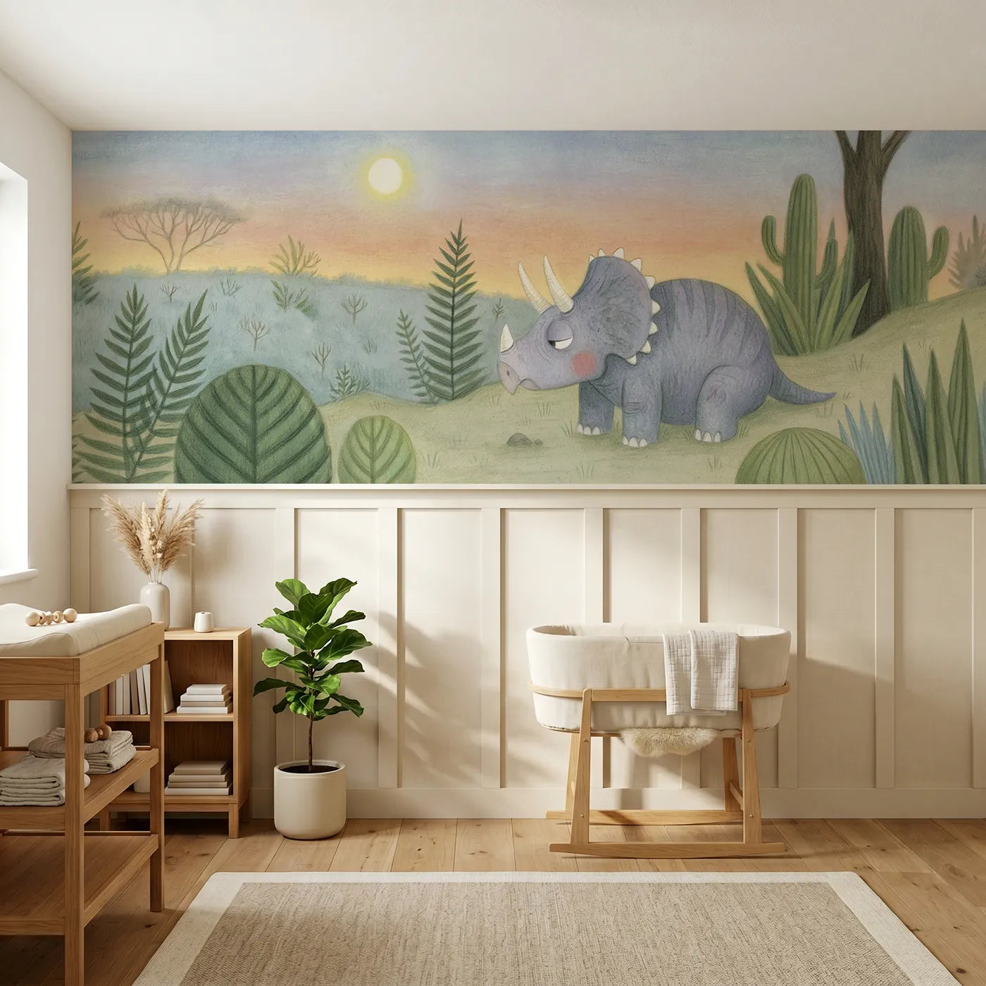 Colored pencil wainscoting wallpaper of a drowsy triceratops baby at dusk by Whimsy Tots