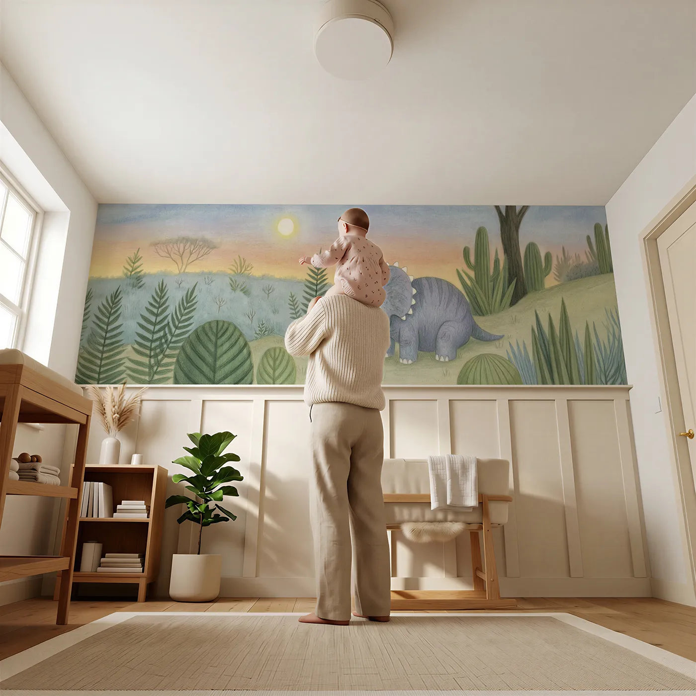 Child reading near Triceratops Baby Drowsy Dusk Wainscoting Wallpaper by Whimsy Tots