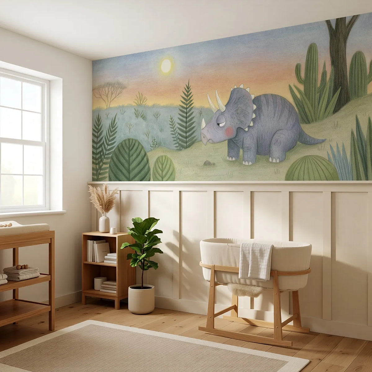Triceratops Baby Drowsy Dusk Wainscoting Wallpaper styled in a kids room by Whimsy Tots
