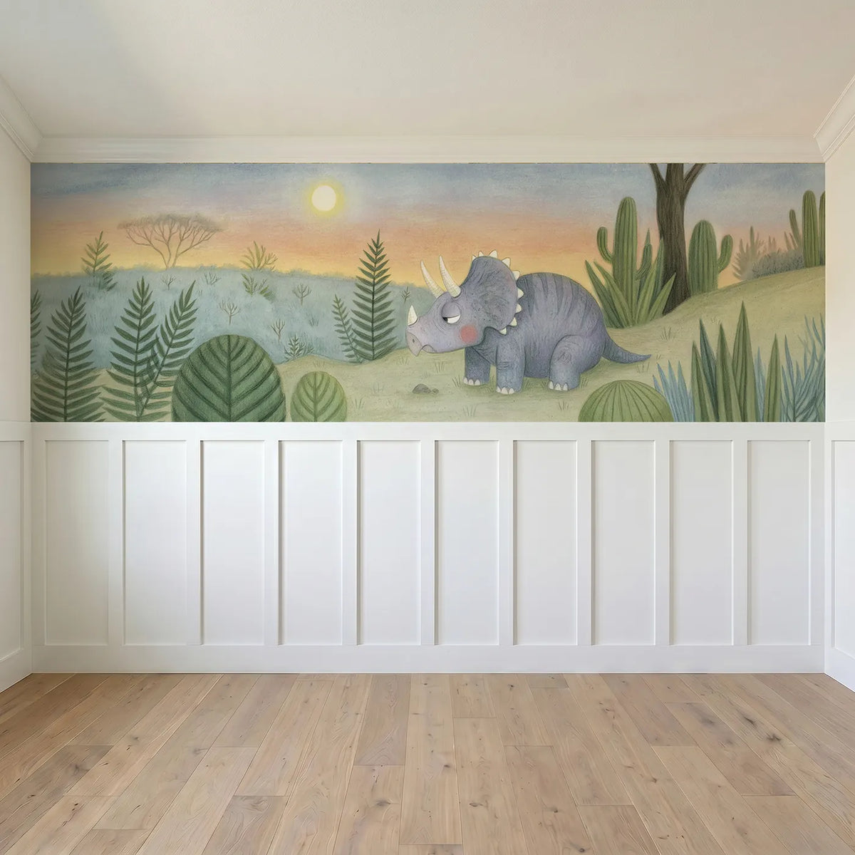 Full panel view of Triceratops Baby Drowsy Dusk Wainscoting Wallpaper by Whimsy Tots