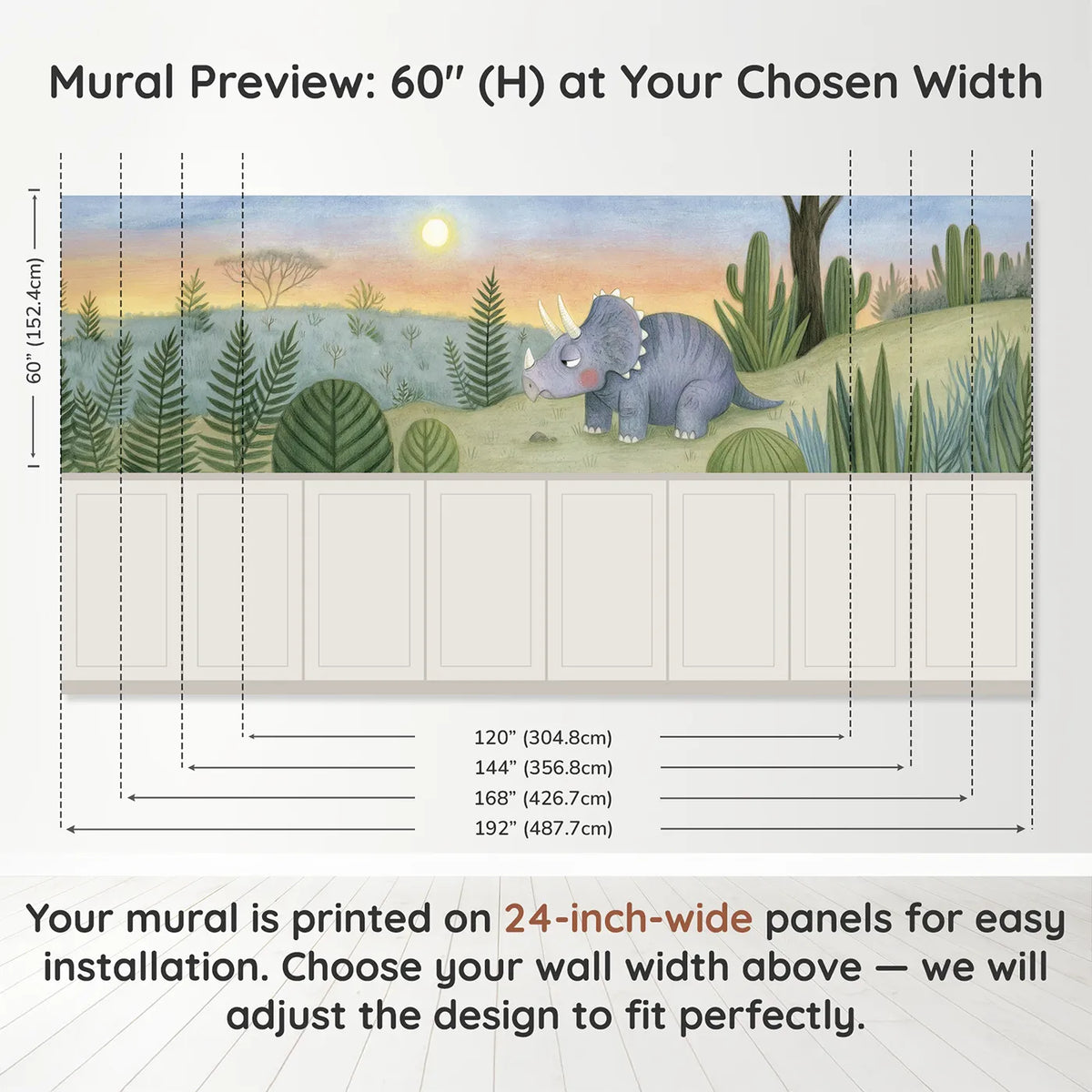 Panel dimensions for Triceratops Baby Drowsy Dusk Wainscoting Wallpaper by Whimsy Tots