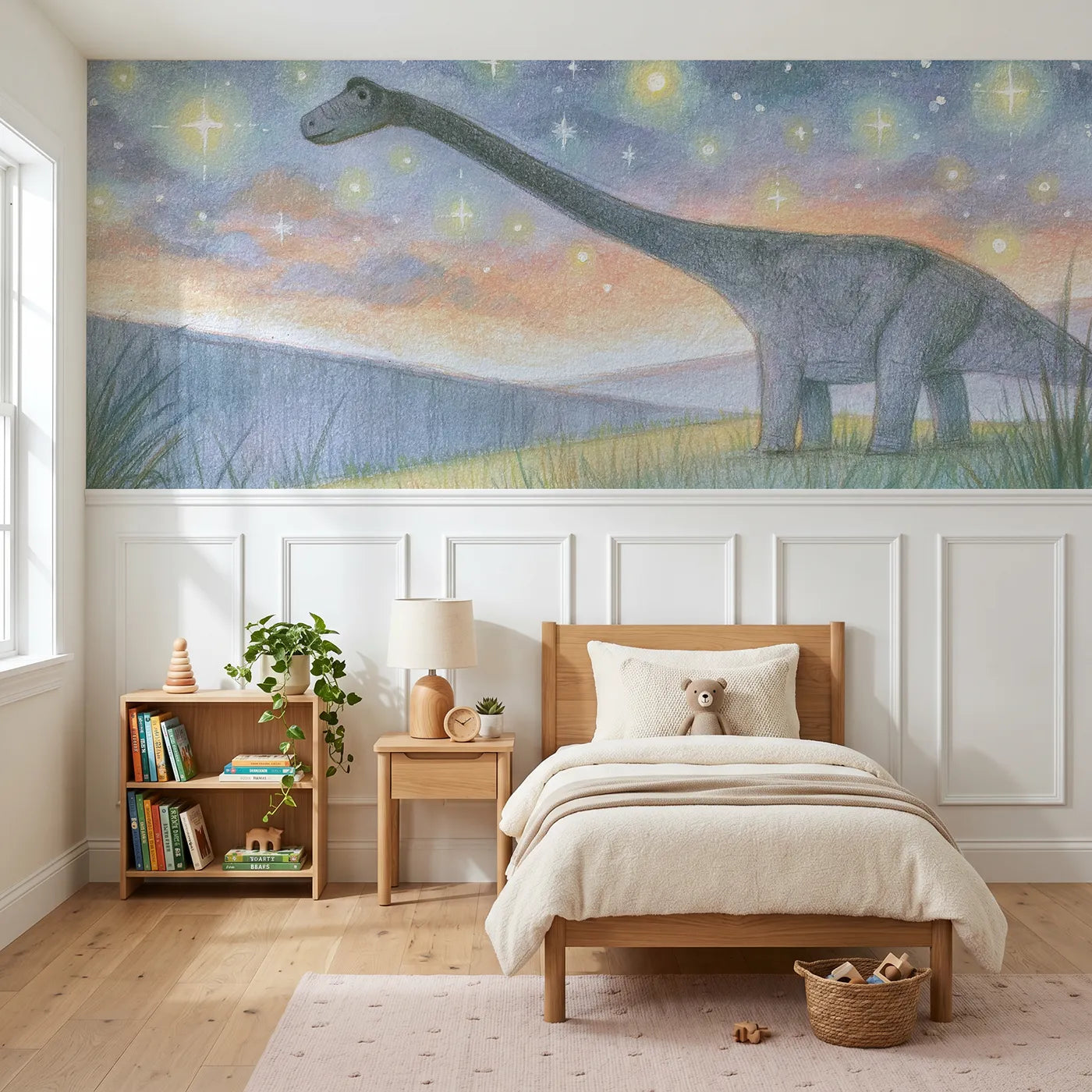 Colored pencil wainscoting mural of a sauropod under a starry sky by Whimsy Tots