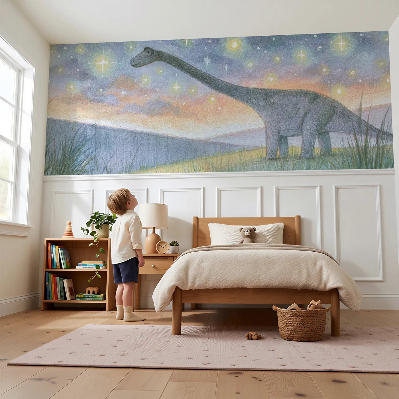 Child reading near Sauropod Starry Sky Quiet Wainscoting Wallpaper by Whimsy Tots