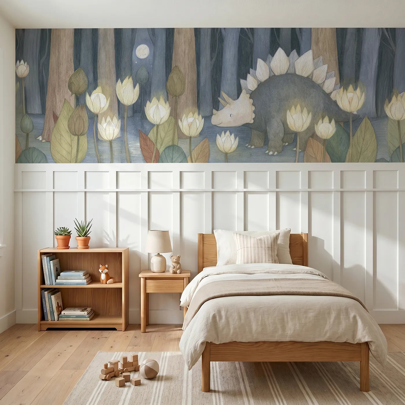Colored pencil wainscoting wallpaper of a stegosaurus with moonflowers by Whimsy Tots