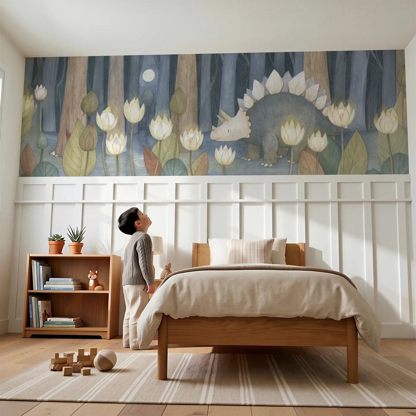 Child reading near Stegosaurus Moonflower Evening Wainscoting Wallpaper by Whimsy Tots