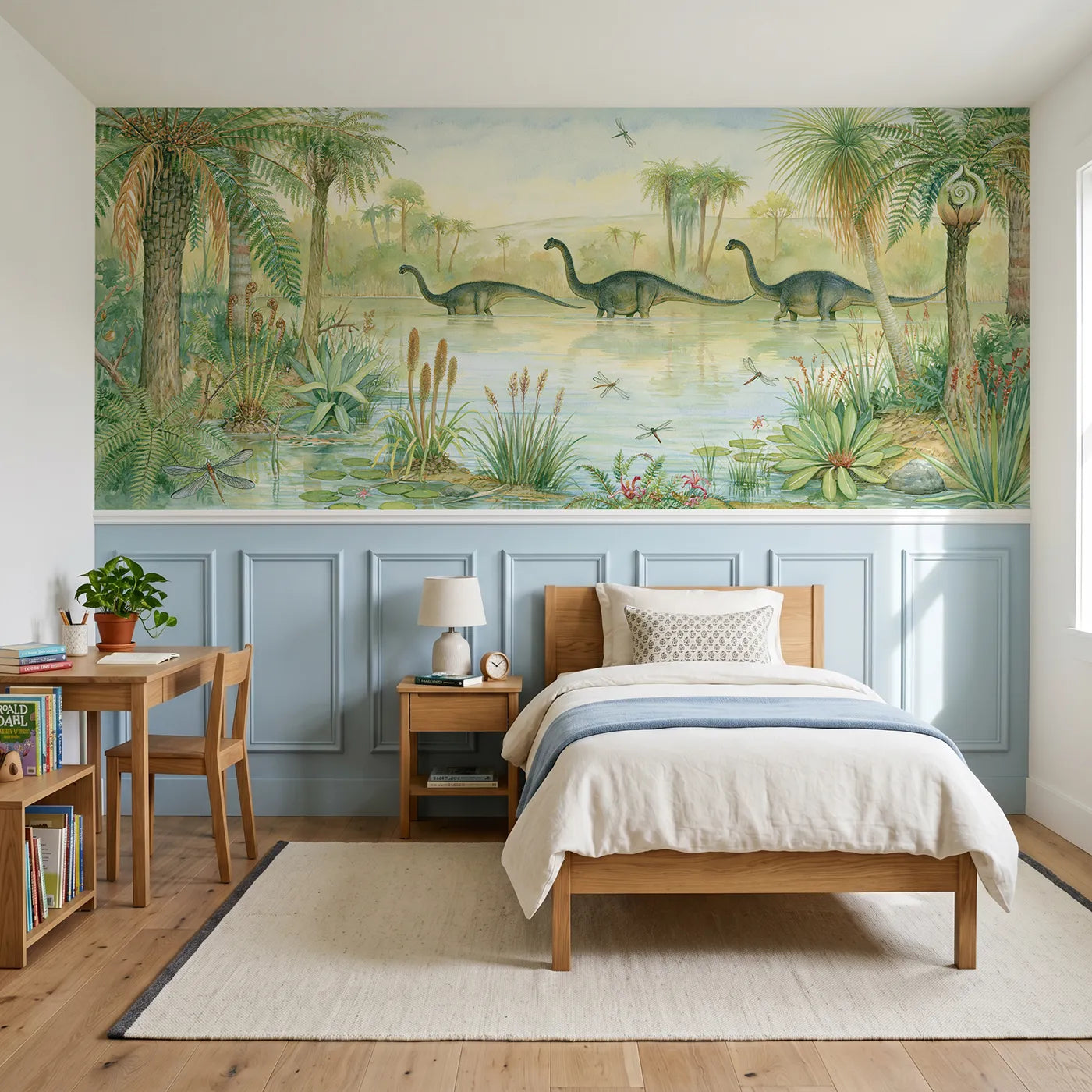 Storybook wainscoting wallpaper of long-neck dinosaurs wading a lagoon by Whimsy Tots