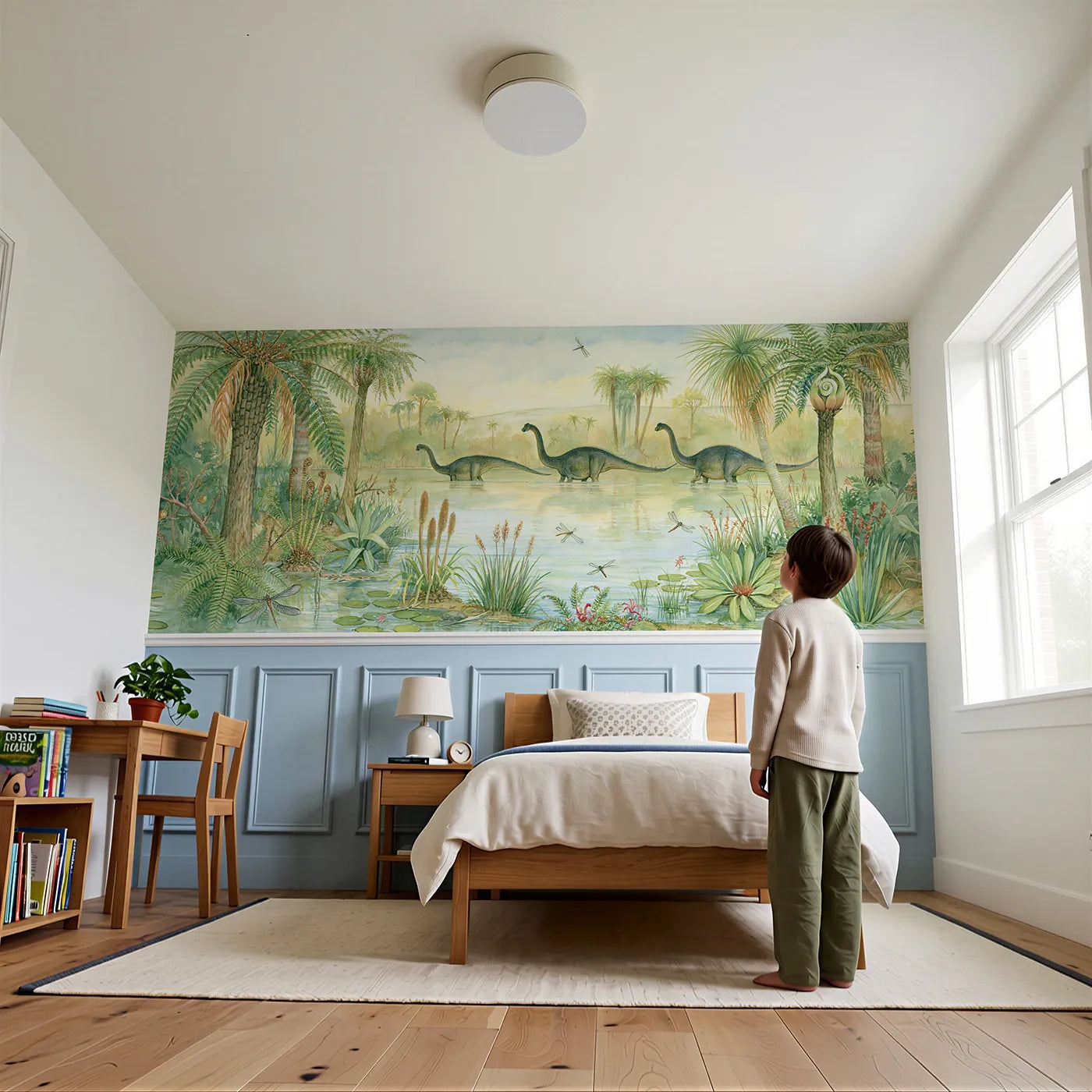 Child reading near Long-Necks At The Lagoon Wainscoting Wallpaper by Whimsy Tots
