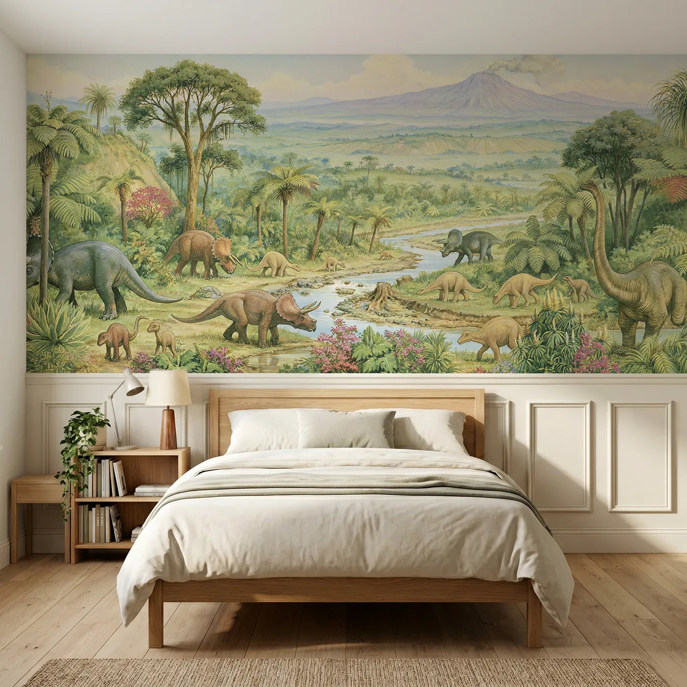 Storybook wainscoting mural of a green plain and faraway volcano by Whimsy Tots