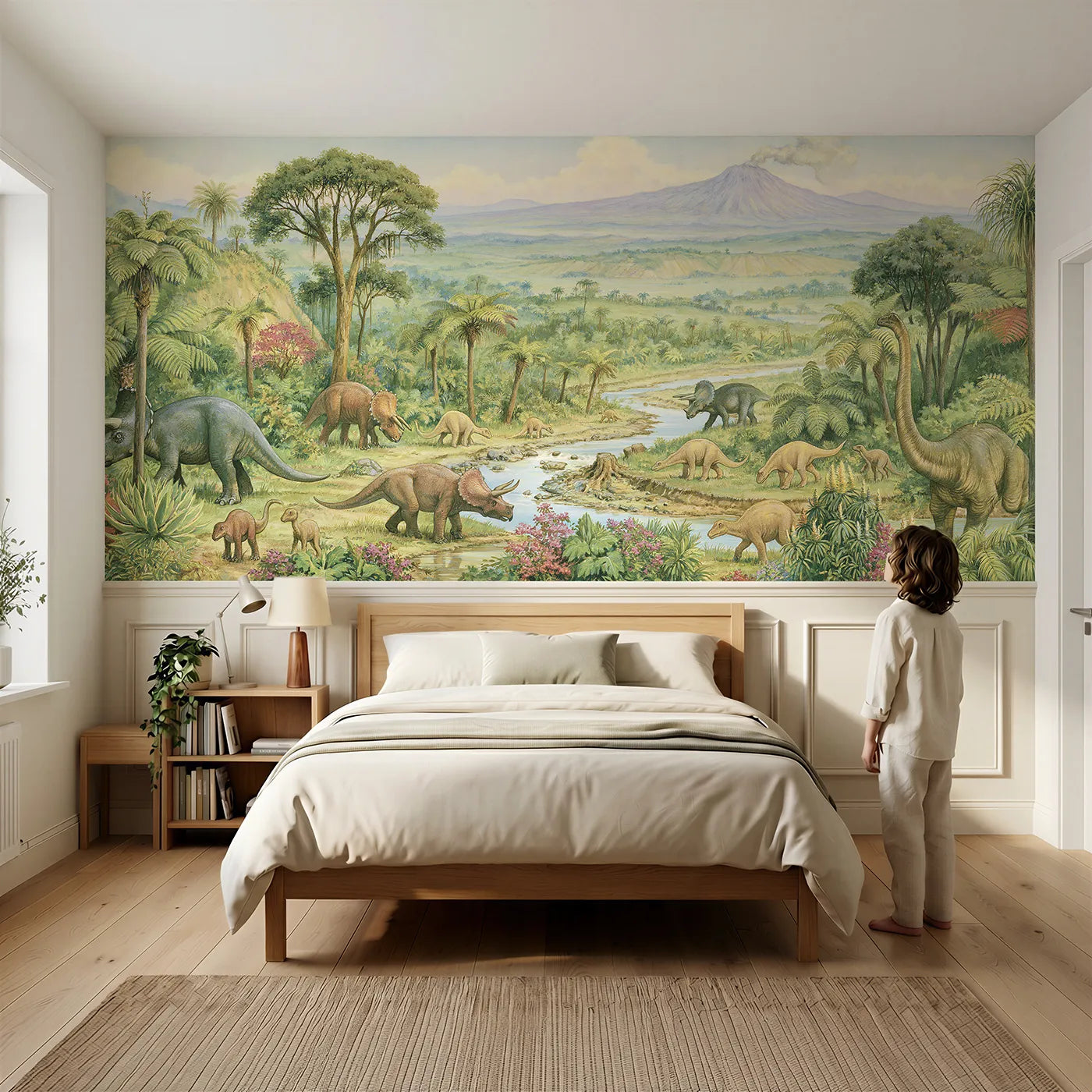 Child reading near The Faraway Volcano Wainscoting Wallpaper by Whimsy Tots