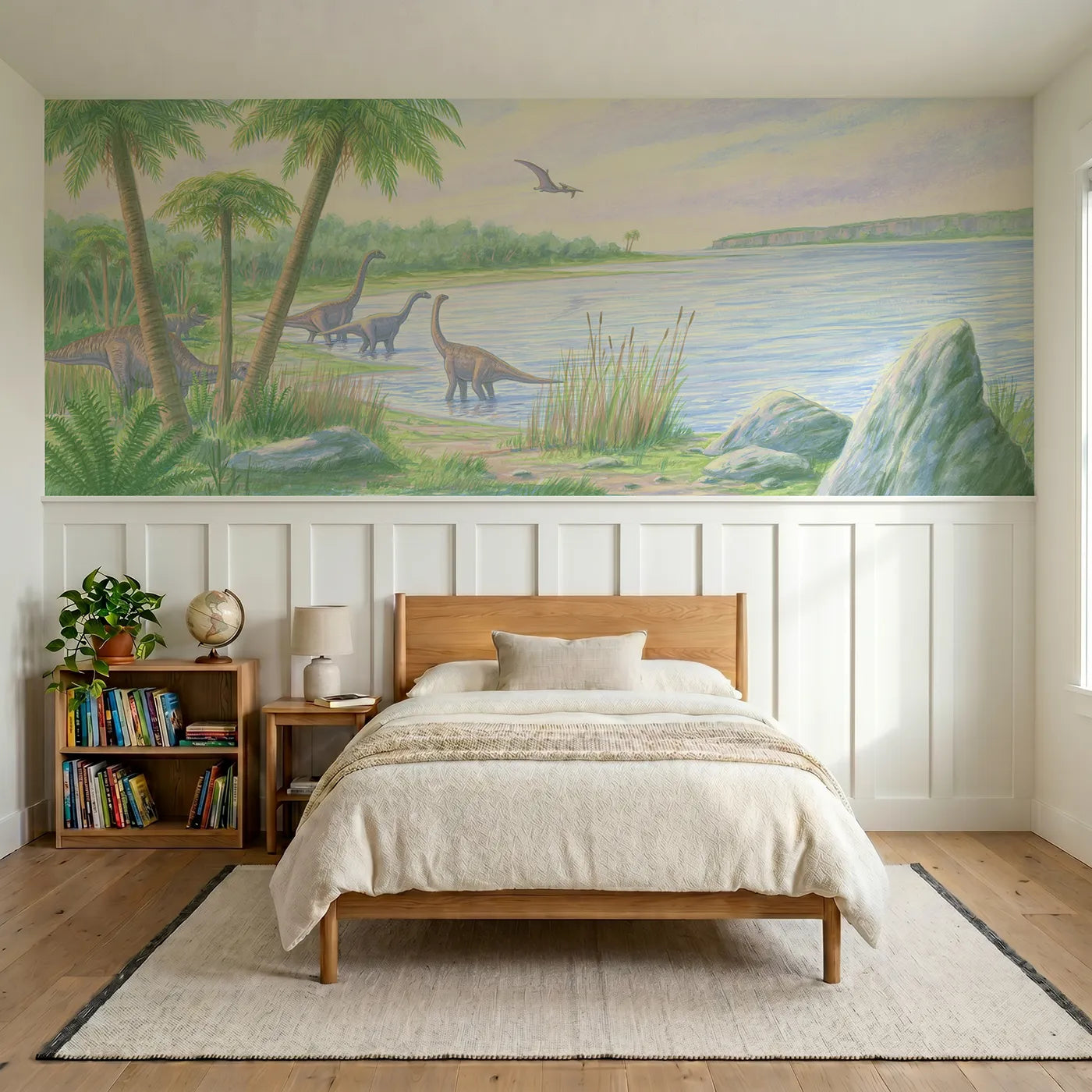 Colored pencil wainscoting wallpaper of a sunny prehistoric lagoon shore by Whimsy Tots