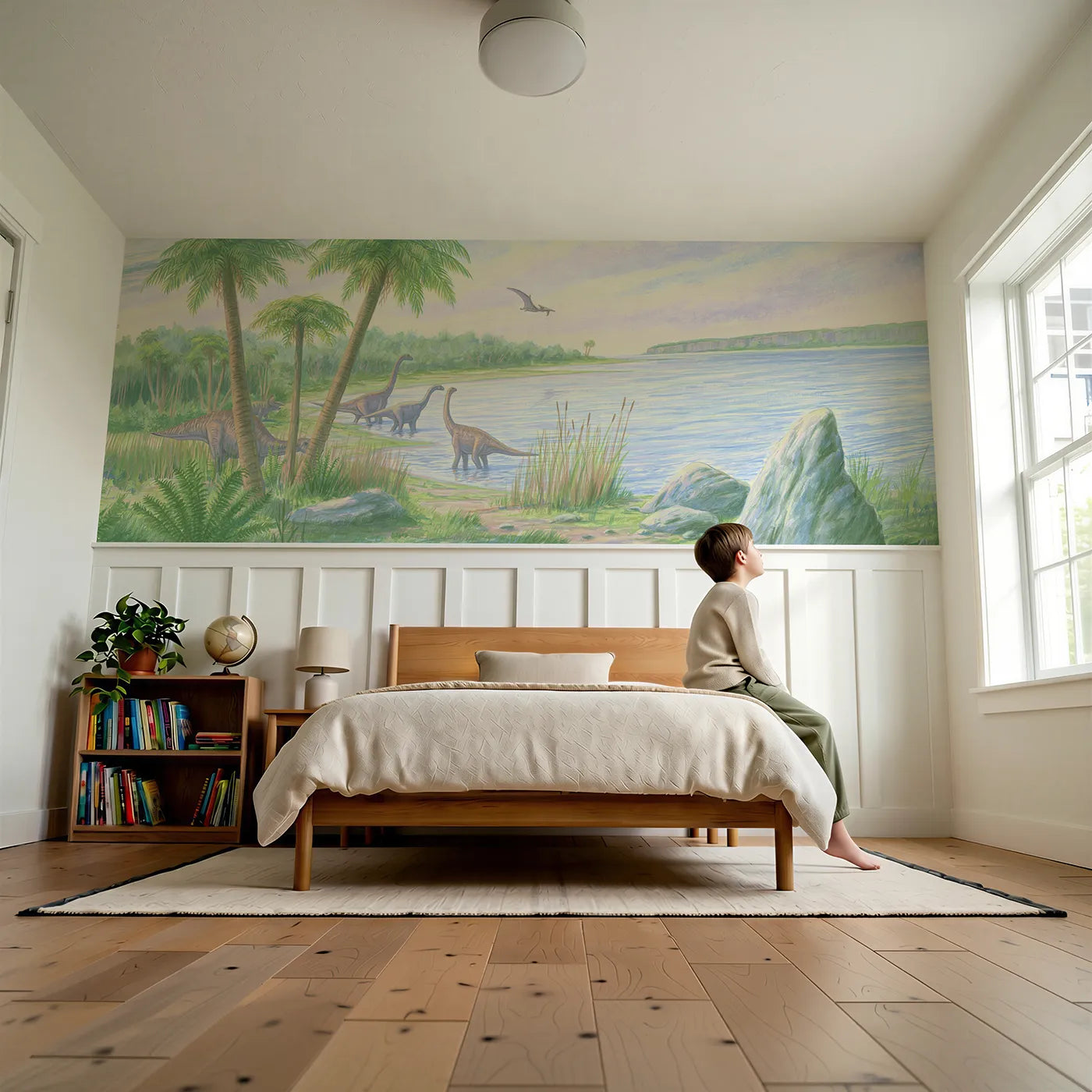 Child reading near The Lagoon Shore Wainscoting Wallpaper by Whimsy Tots