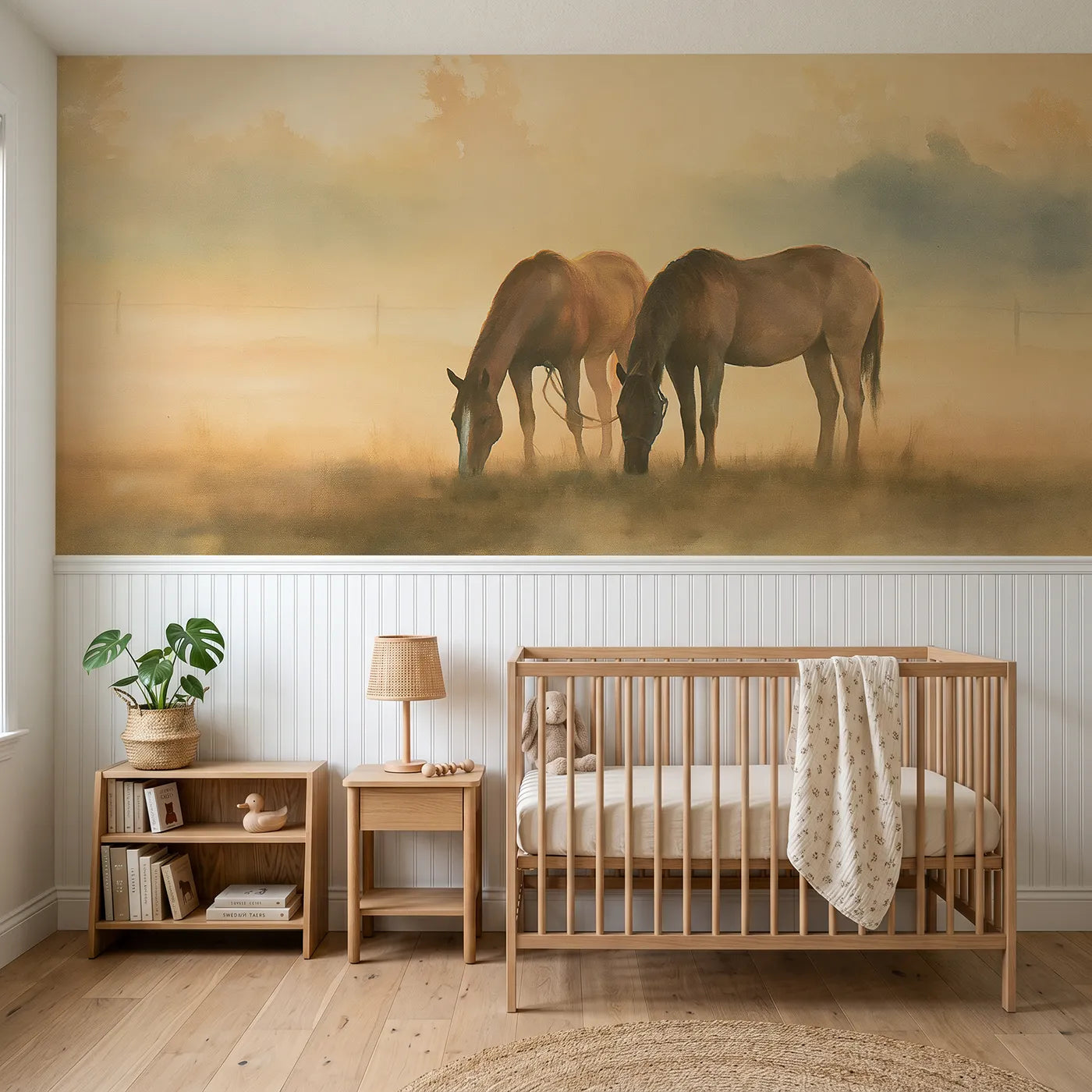 Watercolor wainscoting wallpaper of two horses grazing at evening by Whimsy Tots
