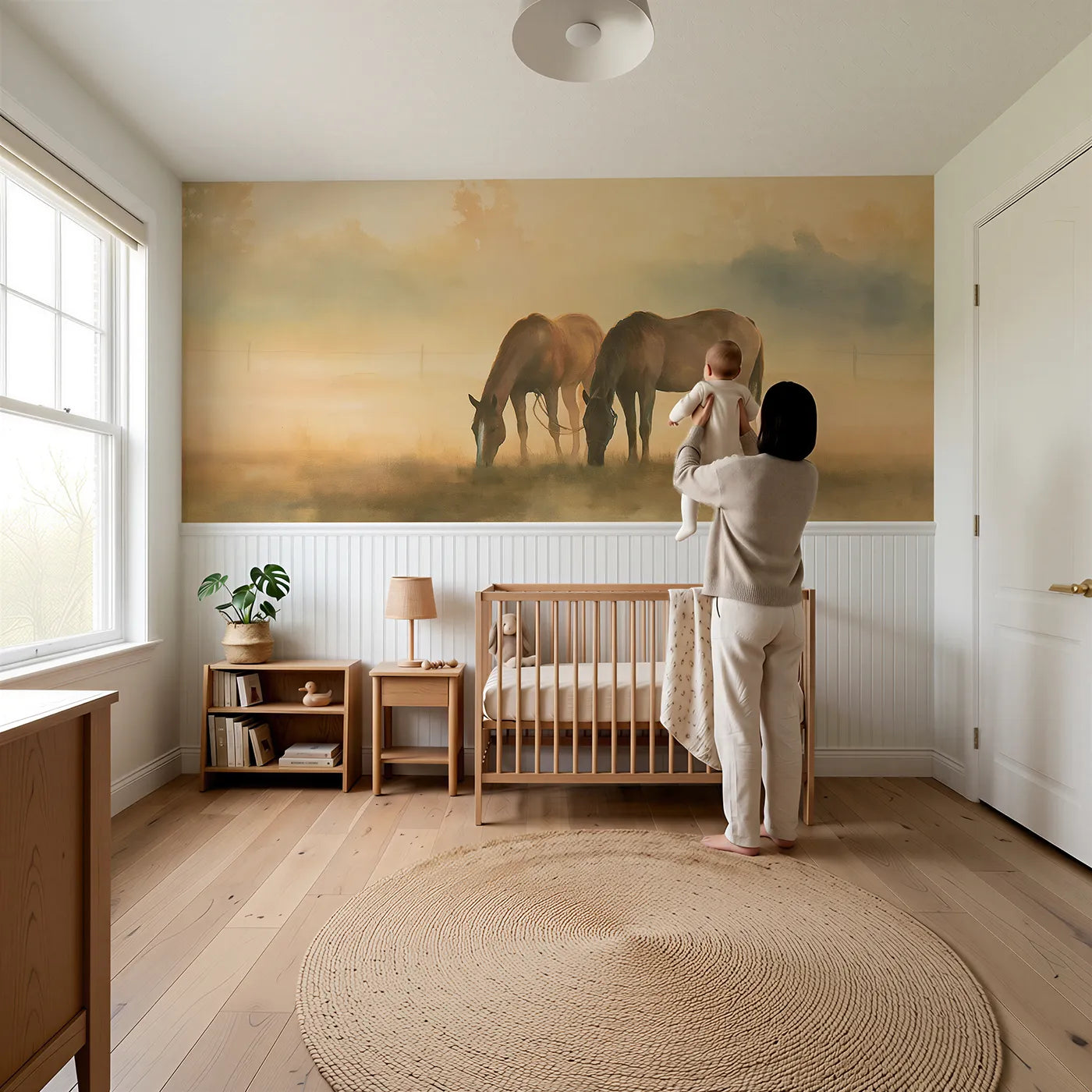 Child reading near Horse Pair Evening Pasture Wainscoting Wallpaper by Whimsy Tots