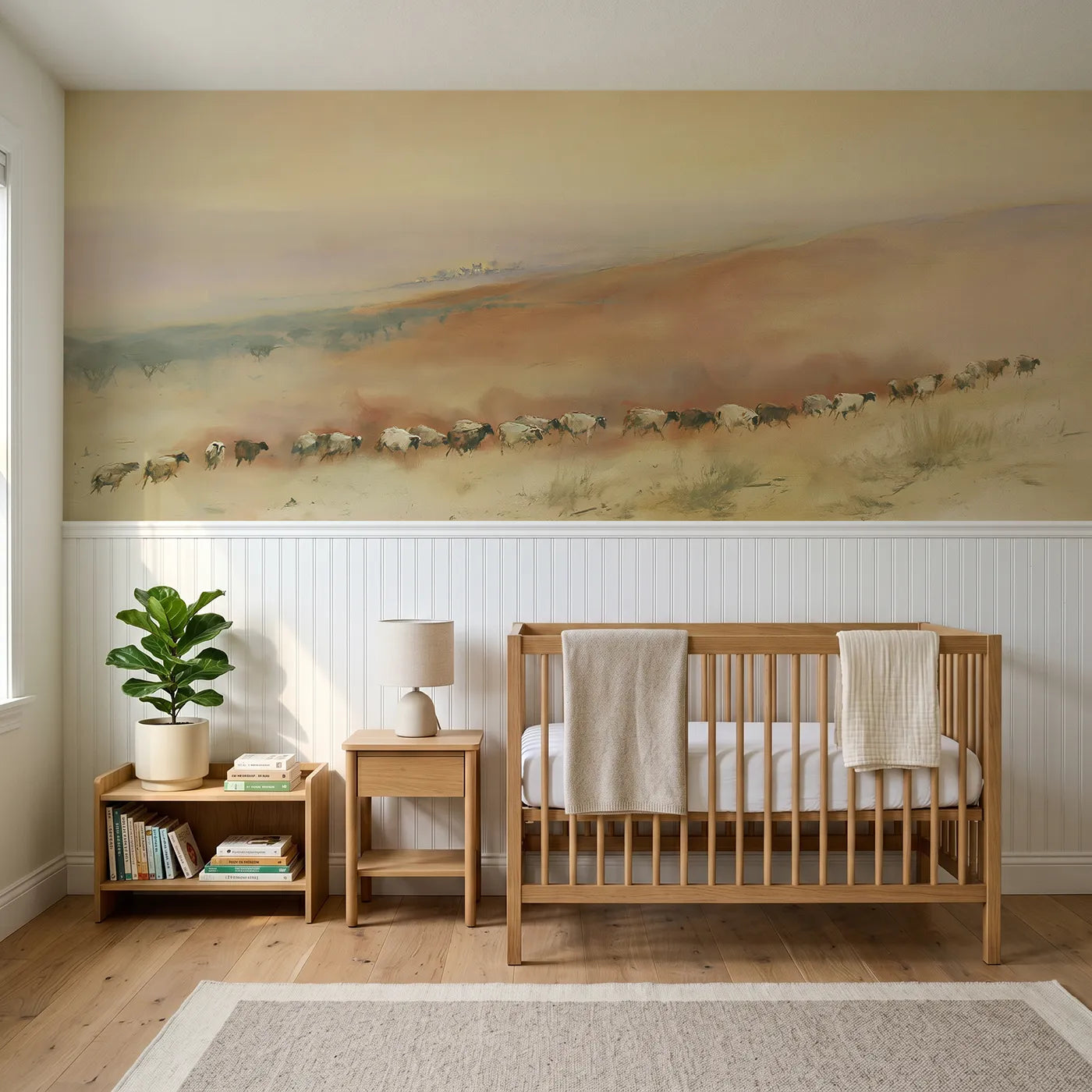 Watercolor wainscoting wallpaper of sheep drifting home at evening by Whimsy Tots