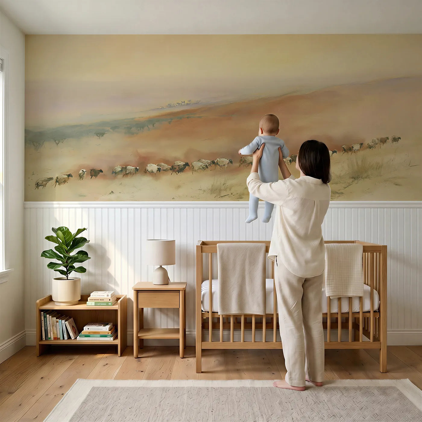 Child reading near Sheep Drift Evening Hill Wainscoting Wallpaper by Whimsy Tots