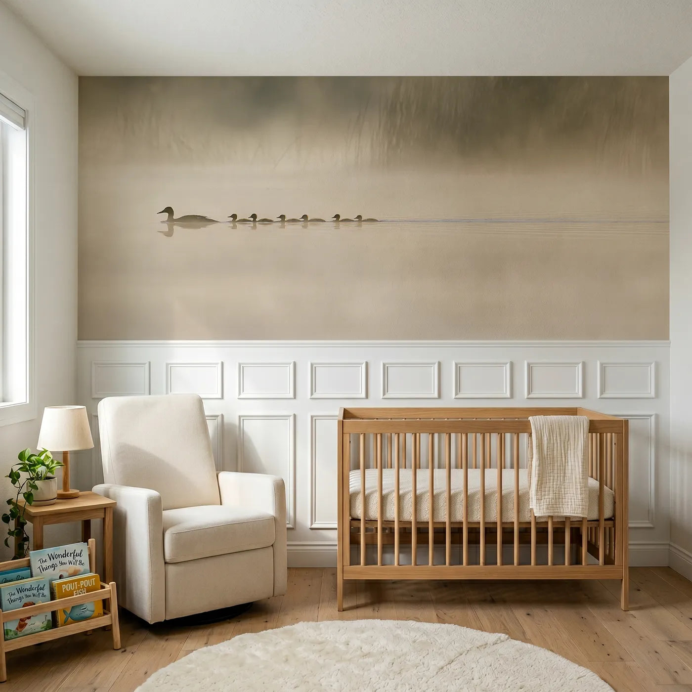 Watercolor wainscoting wallpaper of a duckling line in pond mist by Whimsy Tots