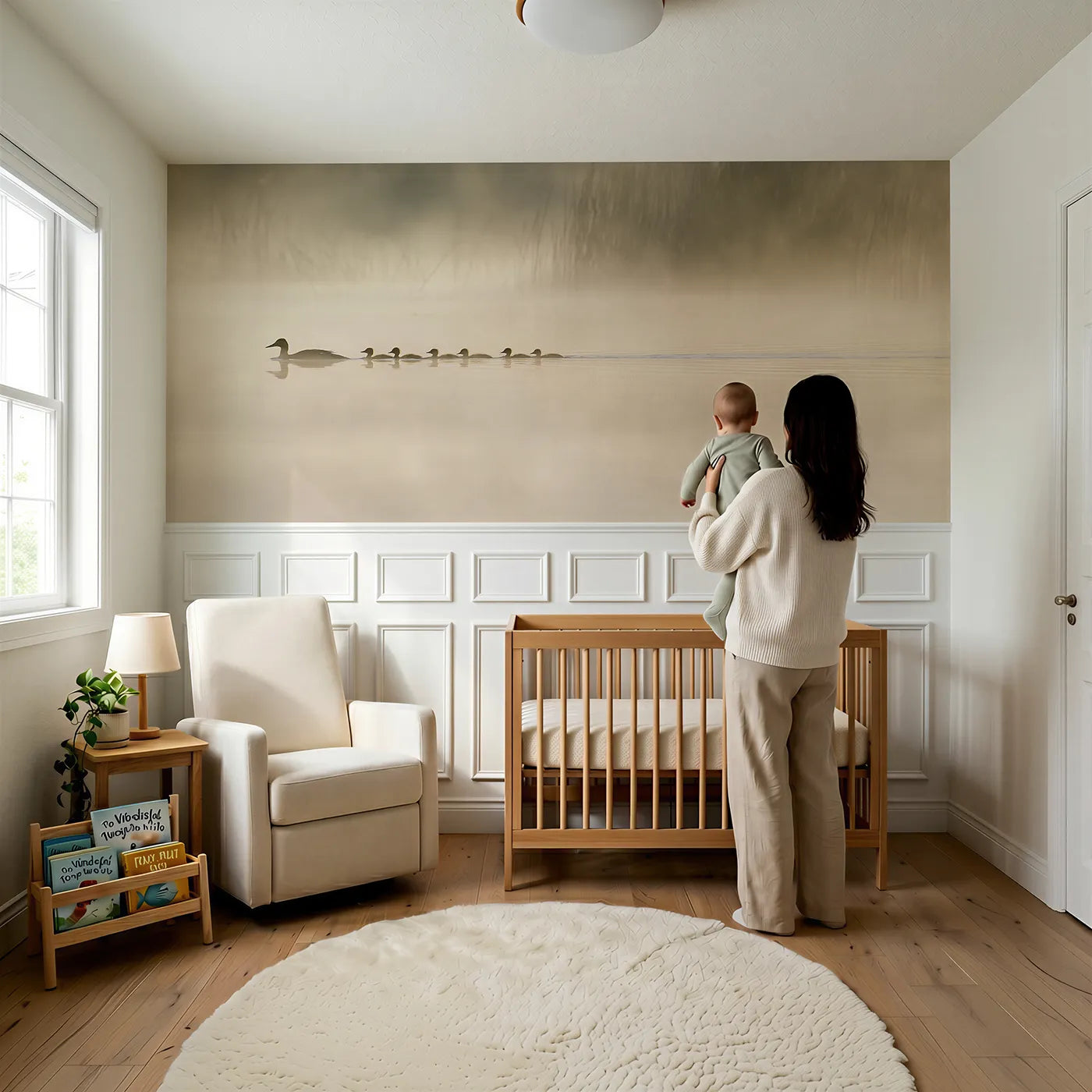 Child reading near Duckling Line Pond Mist Wainscoting Wallpaper by Whimsy Tots