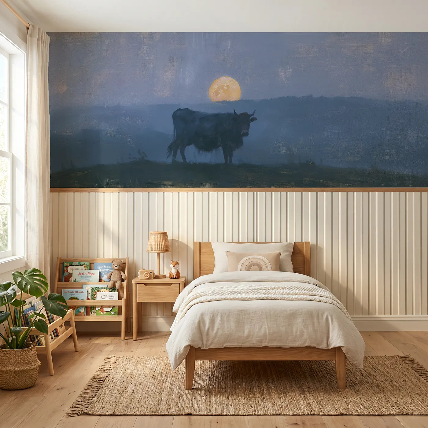 Watercolor wainscoting mural of a cow on a hilltop at moonrise by Whimsy Tots