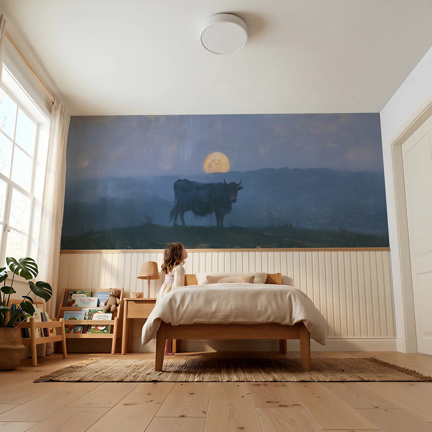 Child reading near Cow Hilltop Moonrise Wainscoting Wallpaper by Whimsy Tots