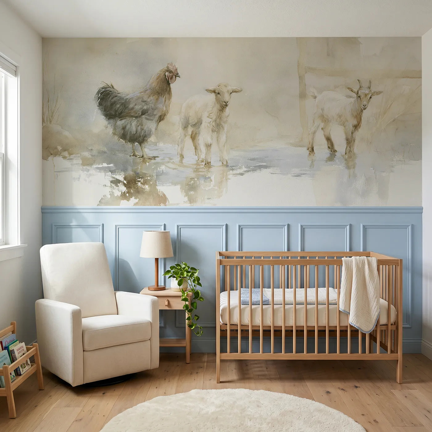 Watercolor wainscoting wallpaper of barnyard animals after the rain by Whimsy Tots