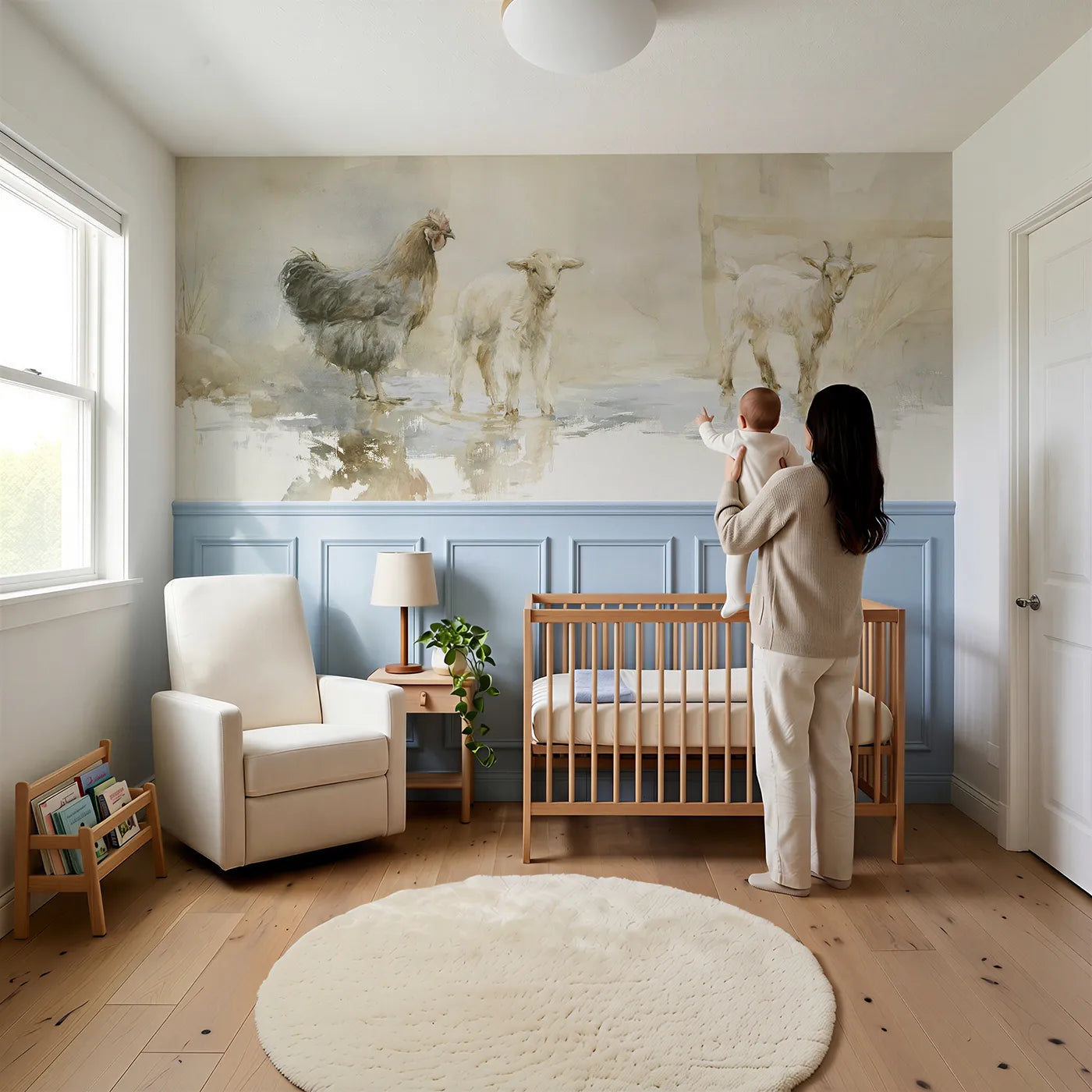 Child reading near Barnyard After Rain Shine Wainscoting Wallpaper by Whimsy Tots
