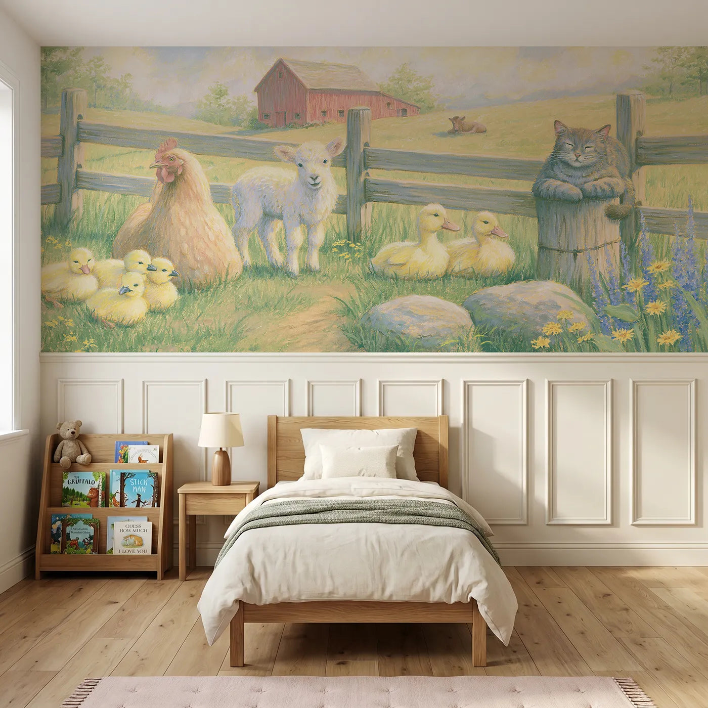 Colored pencil wainscoting wallpaper of a barnyard morning gathering by Whimsy Tots