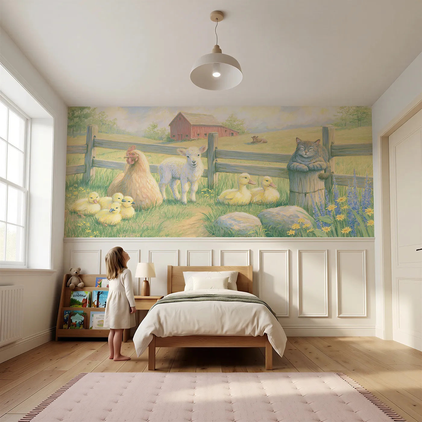 Child reading near Barnyard Morning Gathering Wainscoting Wallpaper by Whimsy Tots