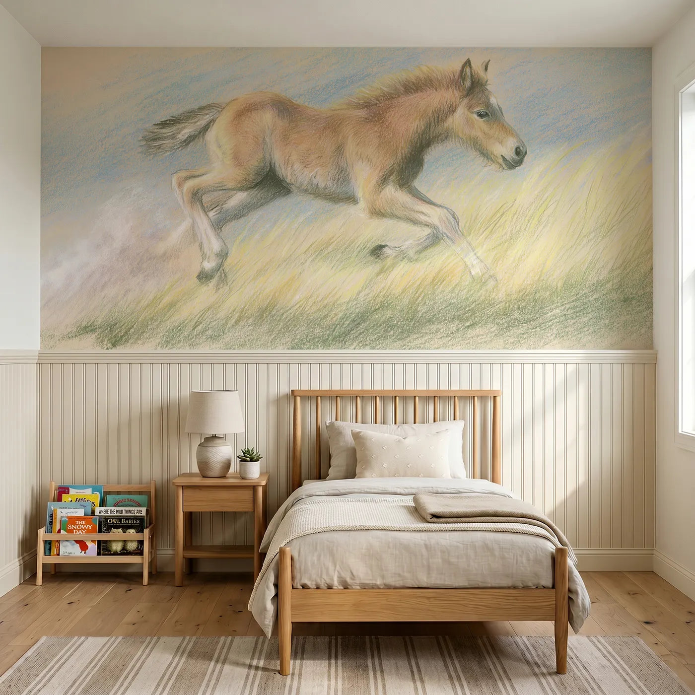 Colored pencil wainscoting wallpaper of a foal galloping happy zoomies by Whimsy Tots