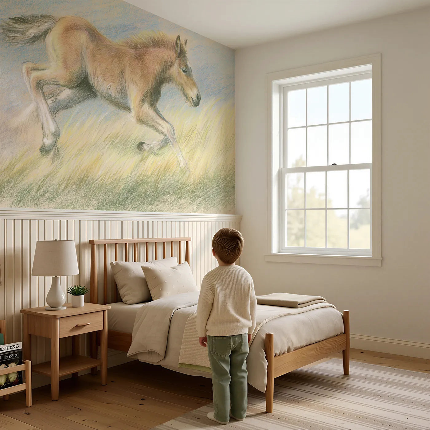 Child reading near Foal Happy Zoomies Wainscoting Wallpaper by Whimsy Tots