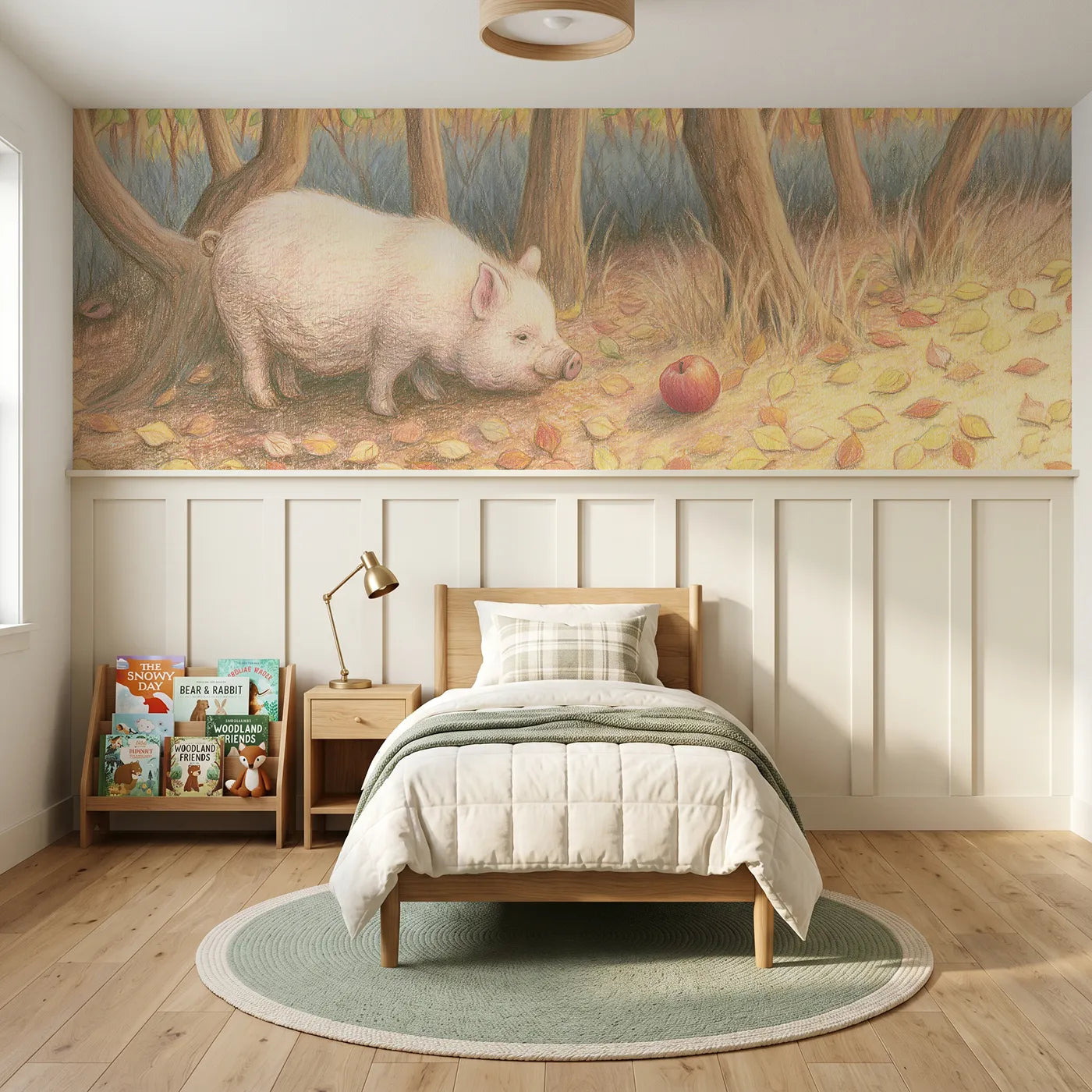 Colored pencil wainscoting wallpaper of a piglet chasing a rolling apple by Whimsy Tots