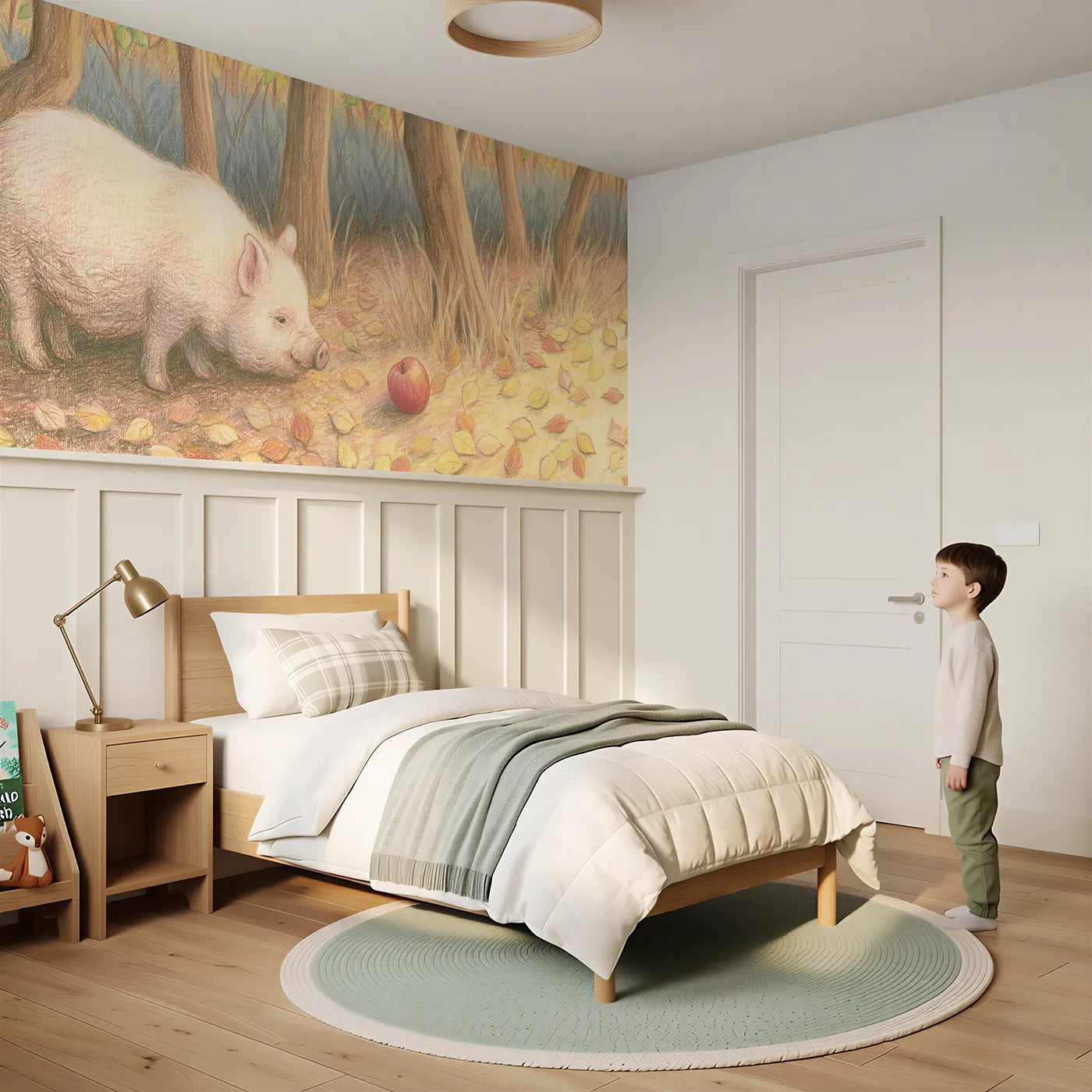 Child reading near Piglet Apple Roll Wainscoting Wallpaper by Whimsy Tots