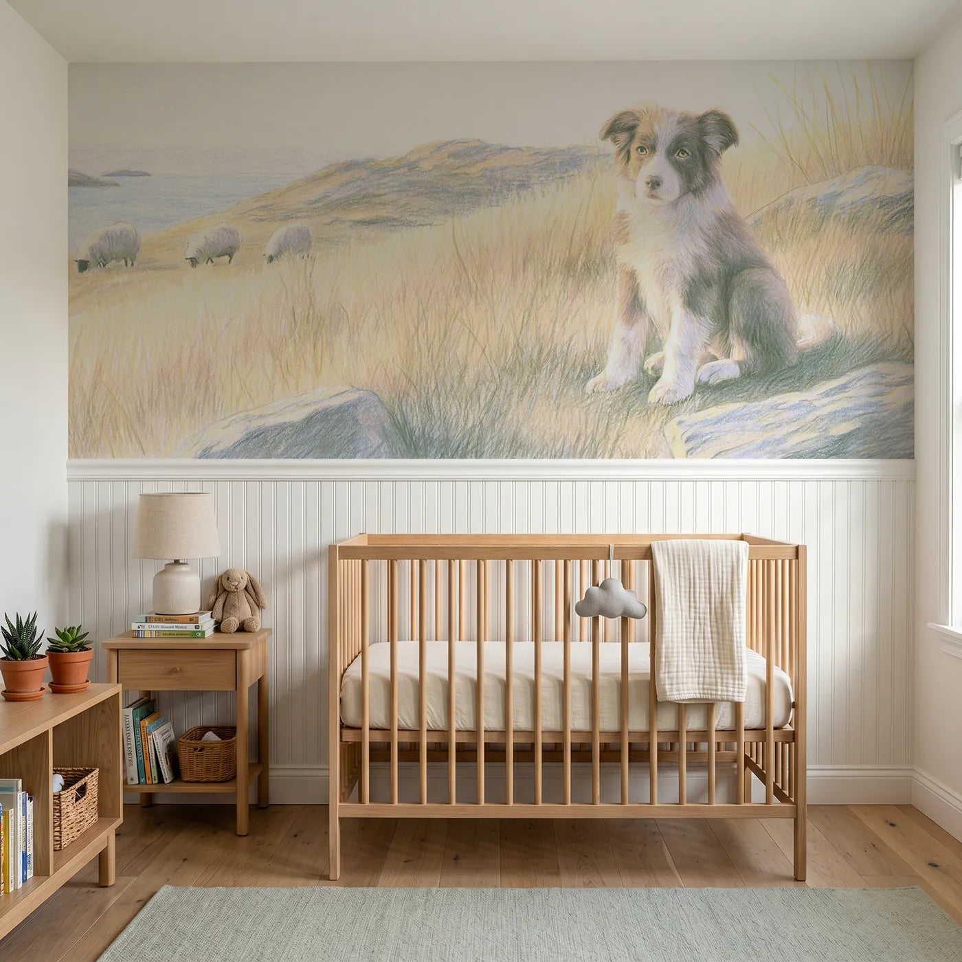 Colored pencil wainscoting wallpaper of a sheepdog puppy on first watch by Whimsy Tots