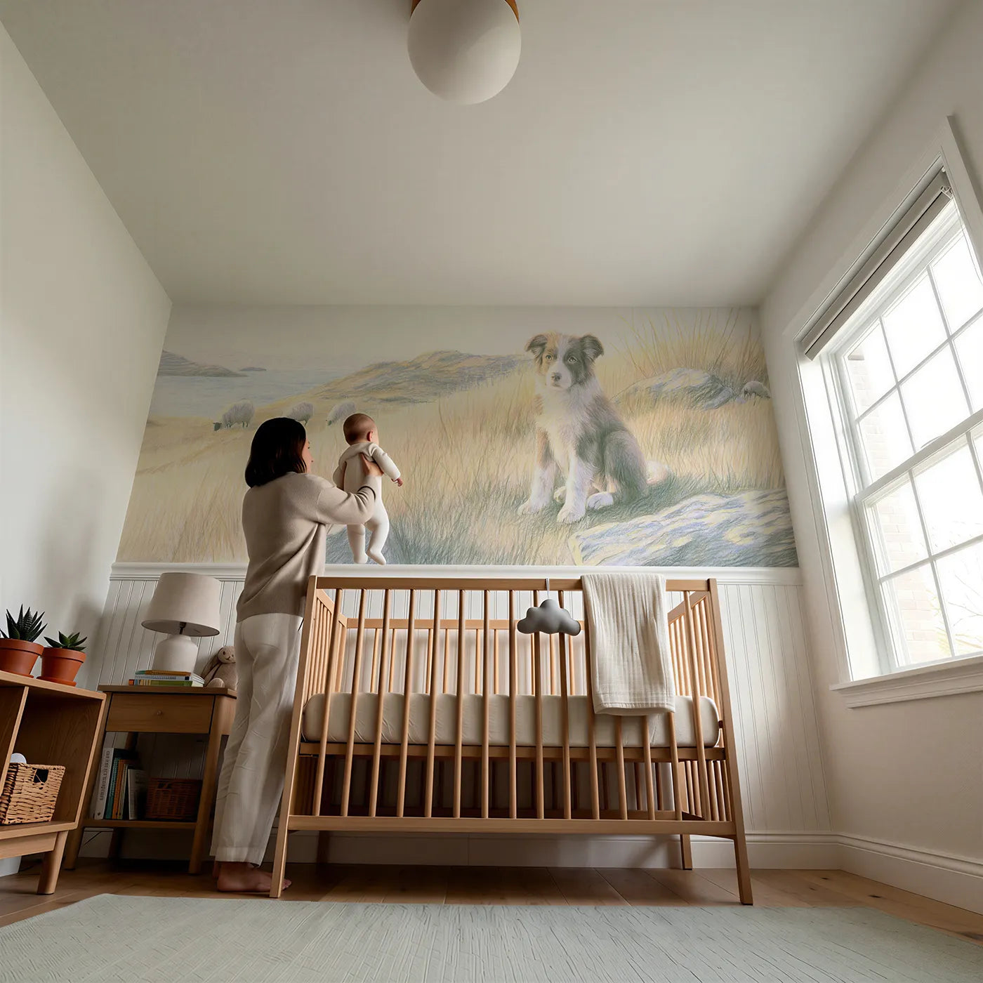 Child reading near Sheepdog Puppy First Watch Wainscoting Wallpaper by Whimsy Tots