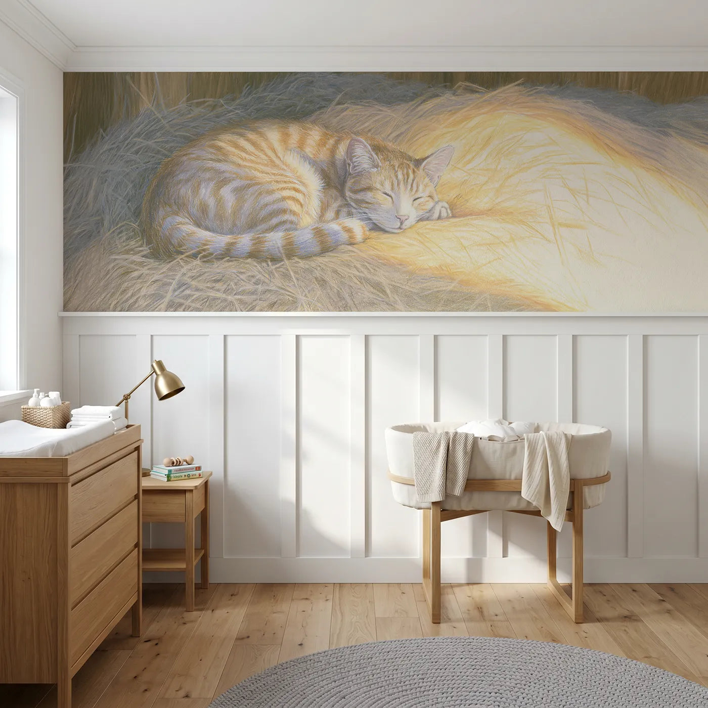 Colored pencil wainscoting wallpaper of a barn cat asleep in a sunbeam by Whimsy Tots