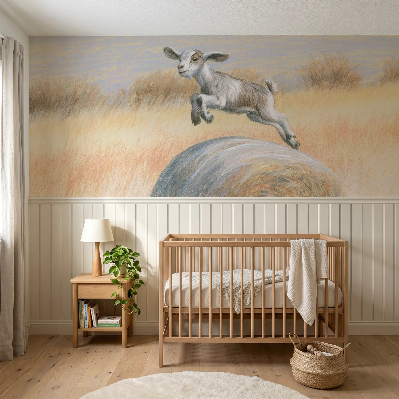 Colored pencil wainscoting wallpaper of a goat kid hopping on a hay bale by Whimsy Tots