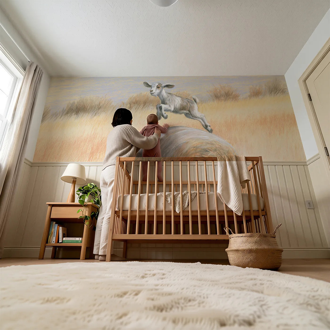 Child reading near Goat Kid Hay Bale Hop Wainscoting Wallpaper by Whimsy Tots
