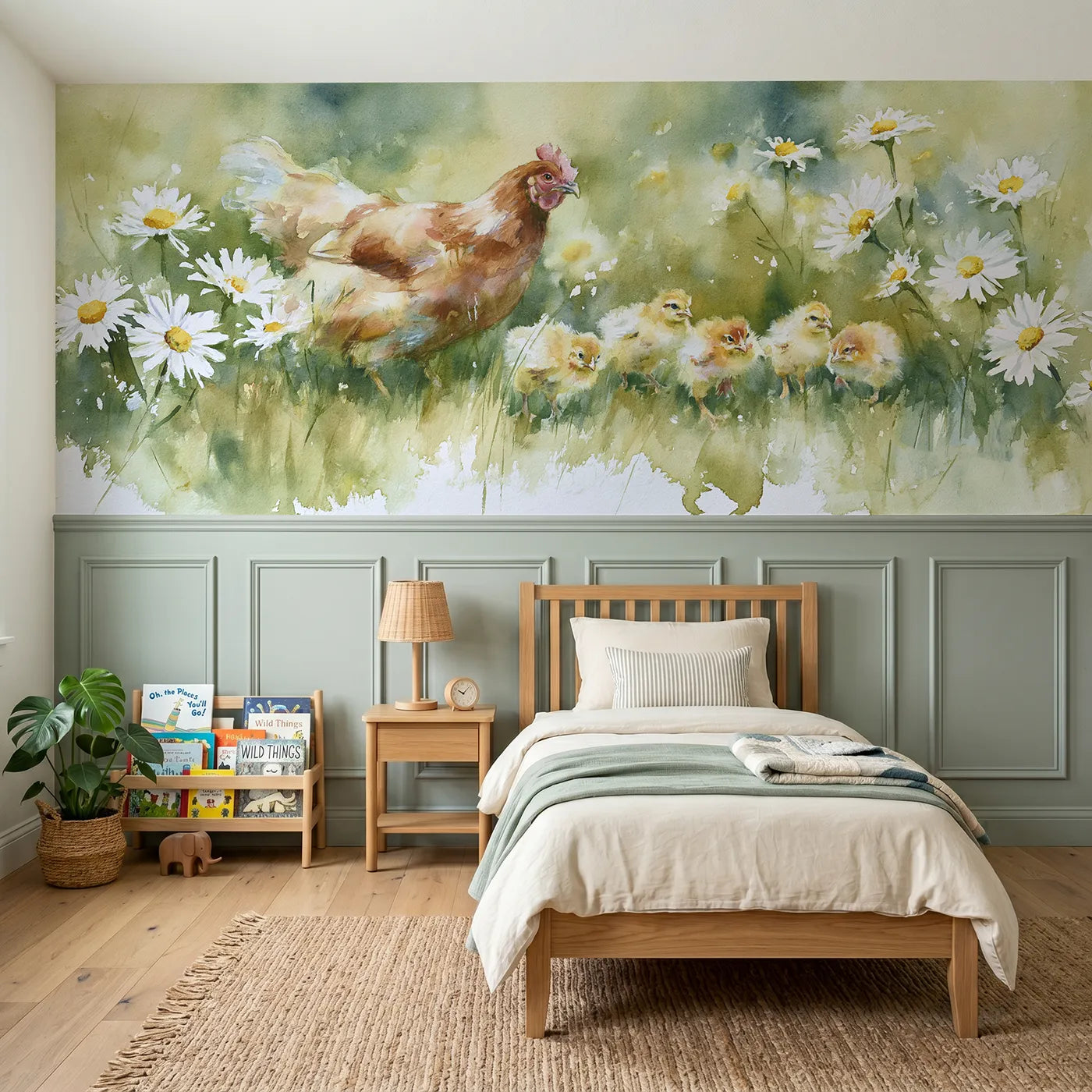 Watercolor wainscoting wallpaper of a hen and chicks in a daisy patch by Whimsy Tots