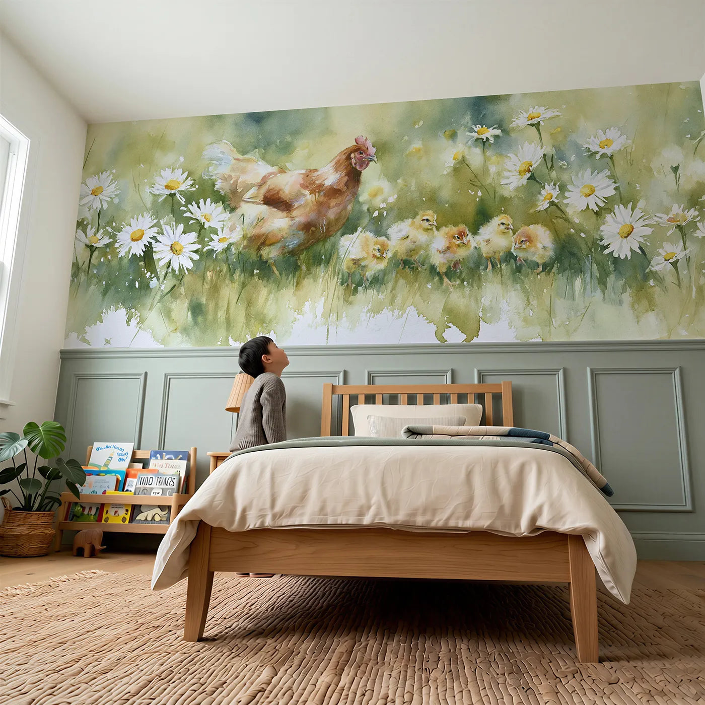 Child reading near Hen Chicks Daisy Patch Wainscoting Wallpaper by Whimsy Tots