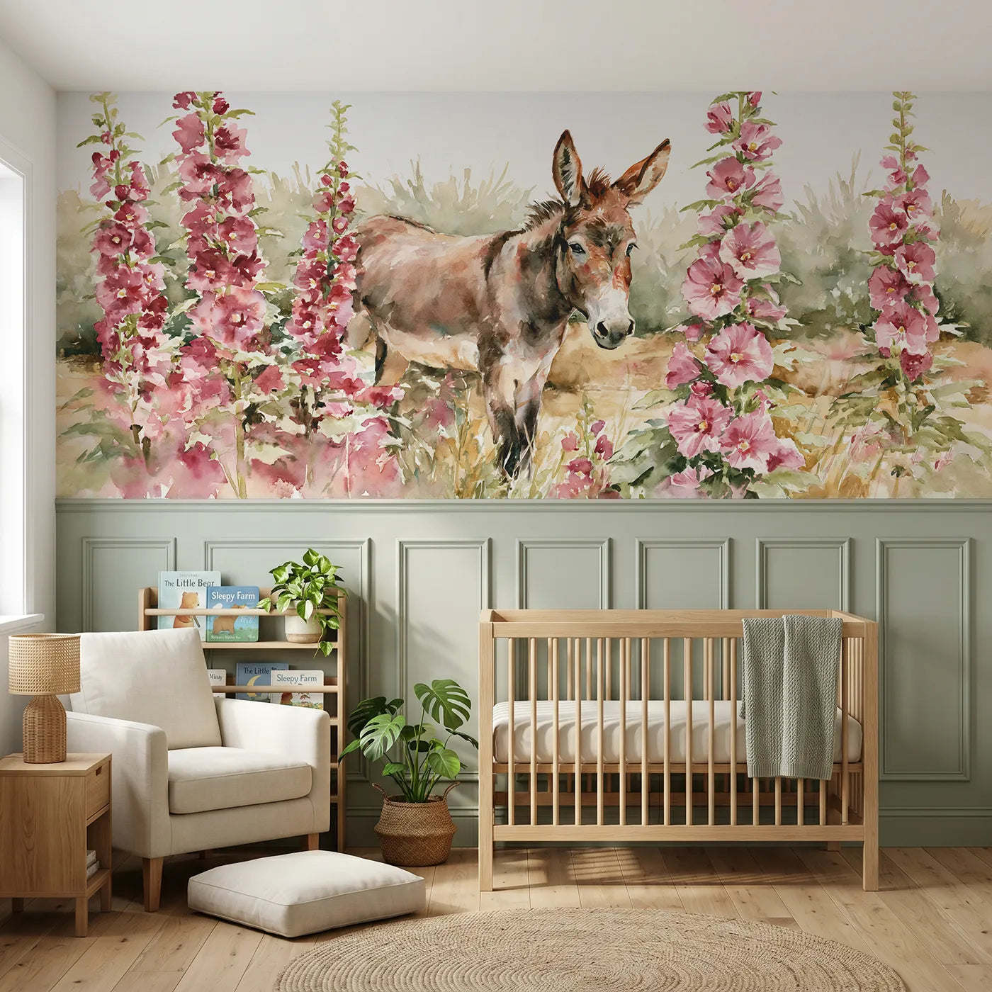 Watercolor wainscoting wallpaper of a donkey among hollyhock flowers by Whimsy Tots