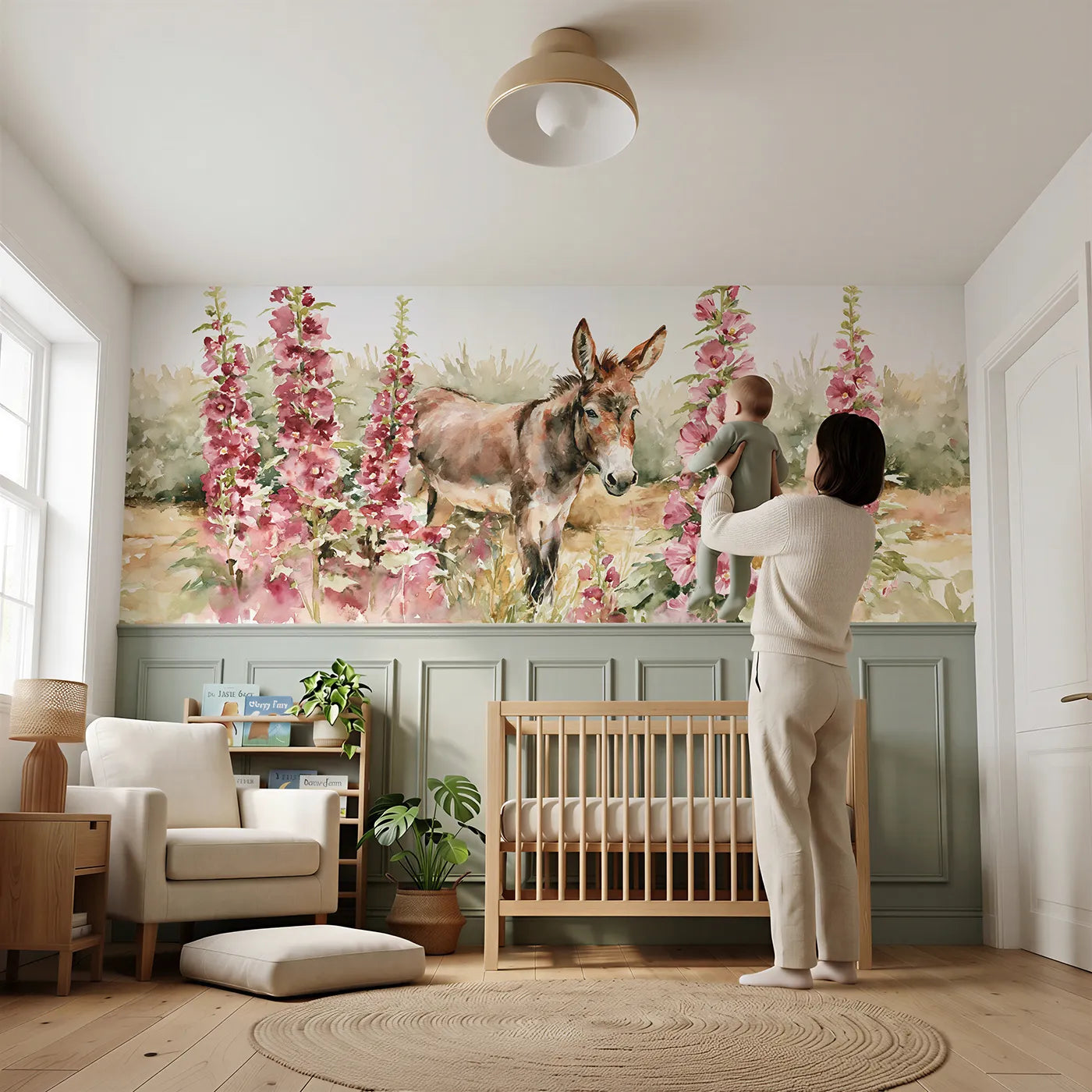 Child reading near Donkey Among Hollyhocks Wainscoting Wallpaper by Whimsy Tots