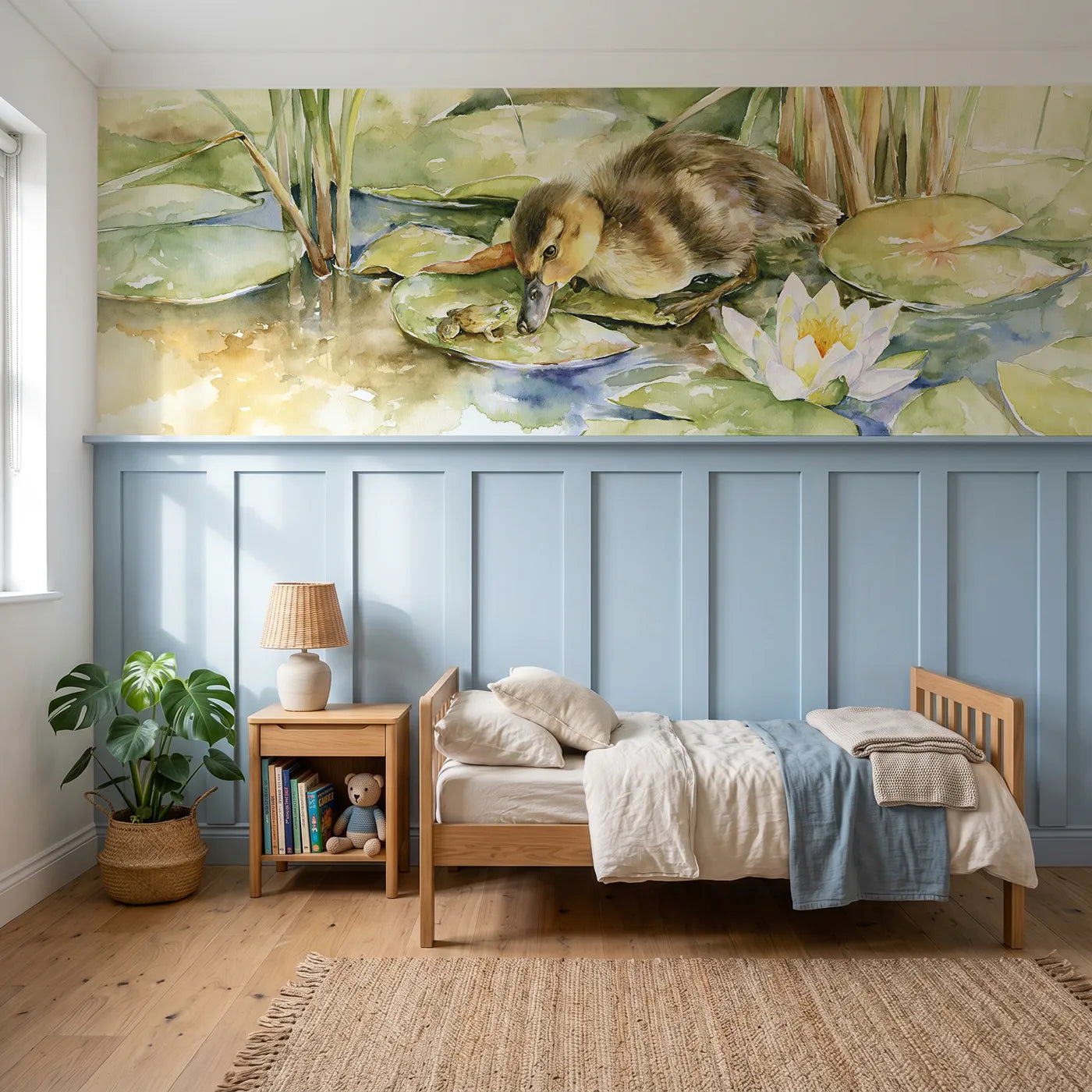 Watercolor wainscoting wallpaper of a duckling meeting a frog on a lily pad by Whimsy Tots