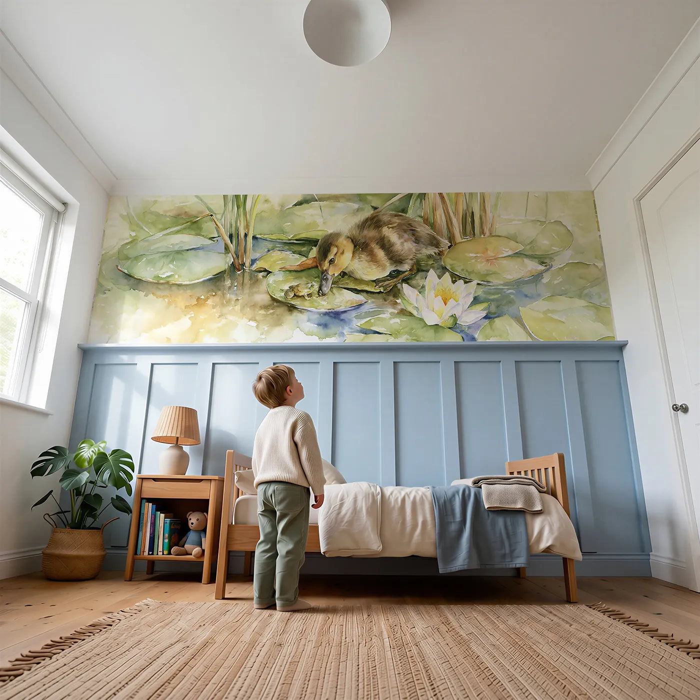 Child reading near Duckling Lily Pad Curiosity Wainscoting Wallpaper by Whimsy Tots