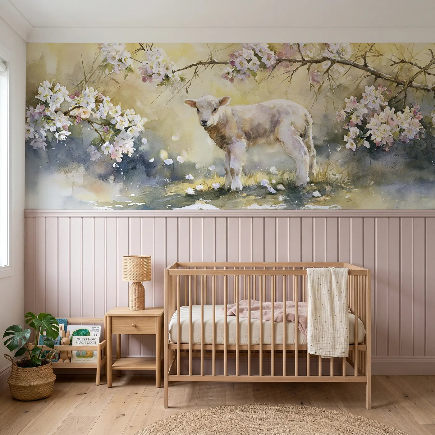 Watercolor wainscoting wallpaper of a lamb under apple blossom petals by Whimsy Tots