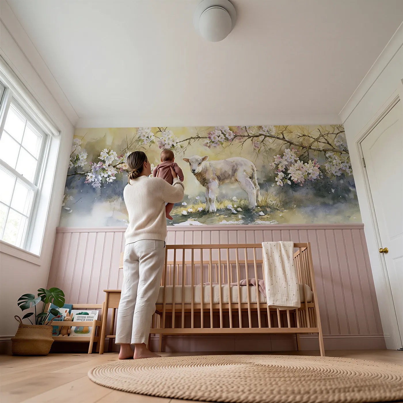 Child reading near Lamb Apple Blossom Drift Wainscoting Wallpaper by Whimsy Tots