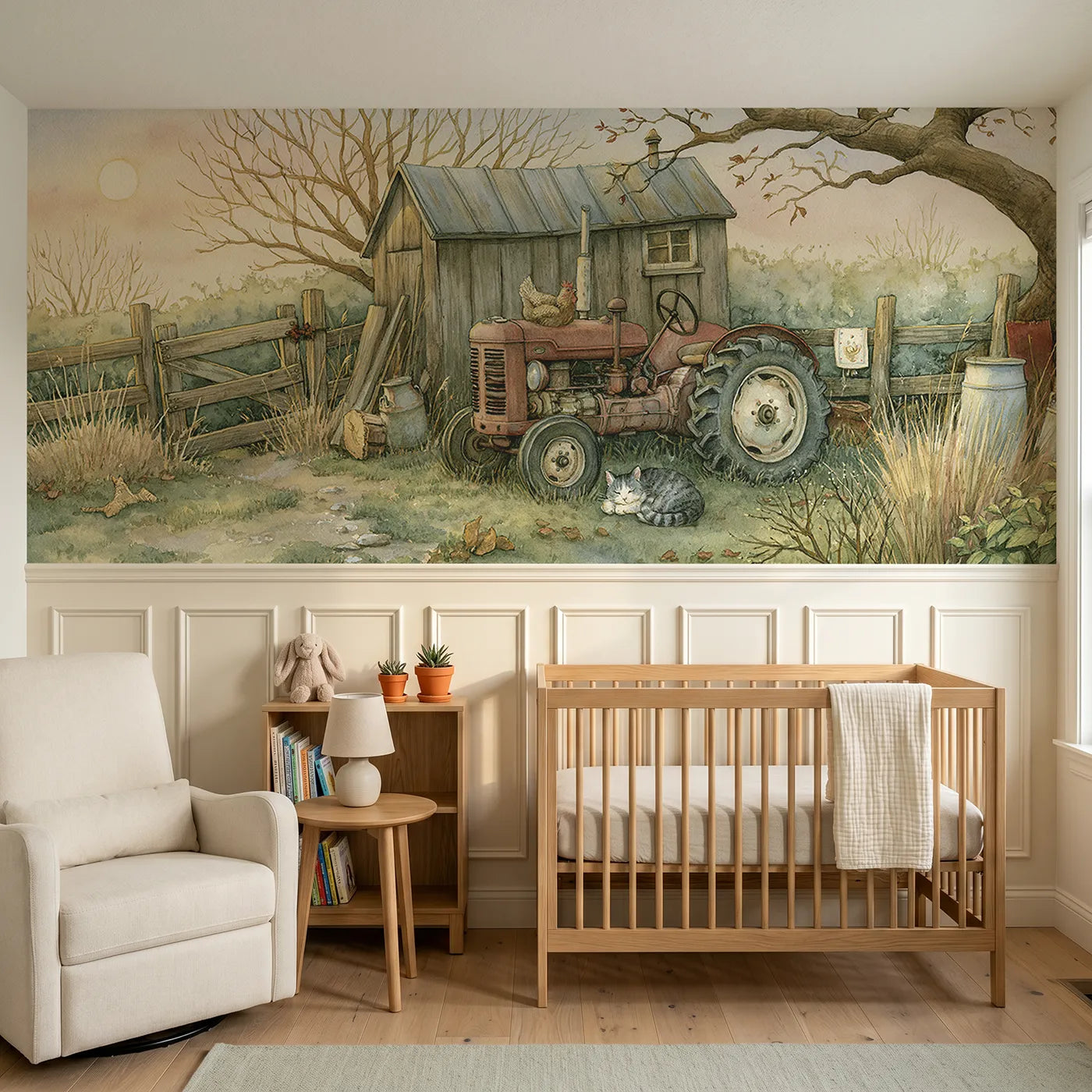 Storybook wainscoting wallpaper of a tractor resting with farm friends by Whimsy Tots