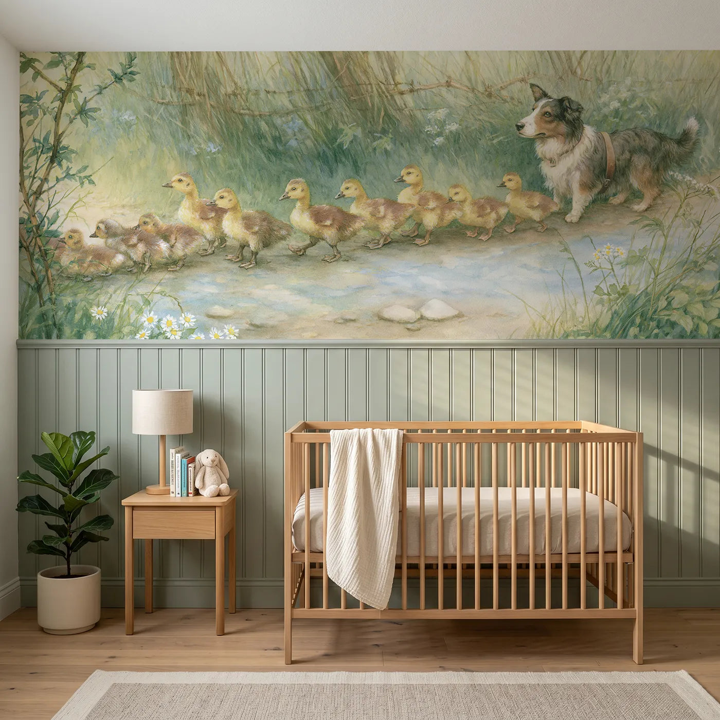 Storybook wainscoting wallpaper of goslings crossing past a sheepdog guard by Whimsy Tots
