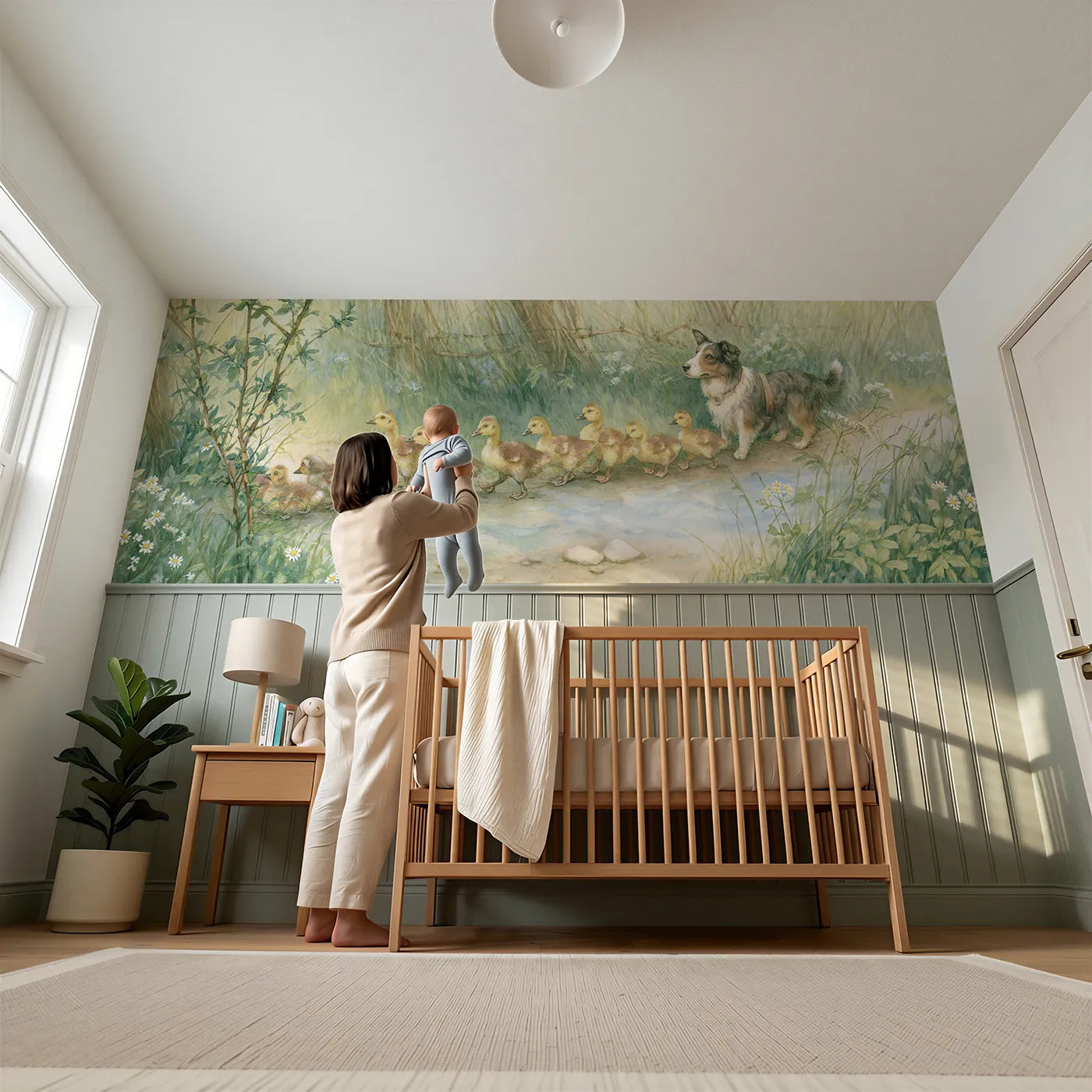 Child reading near Gosling Lane Crossing Patience Wainscoting Wallpaper by Whimsy Tots